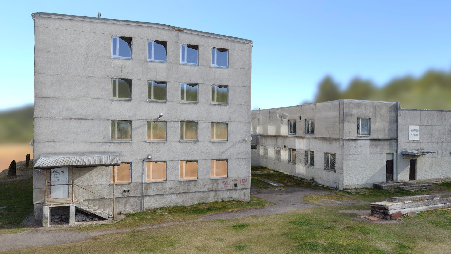 An abandoned building that used to be a school in the Soviet Union. 
Chipped paint, old roof, old walls 3d model