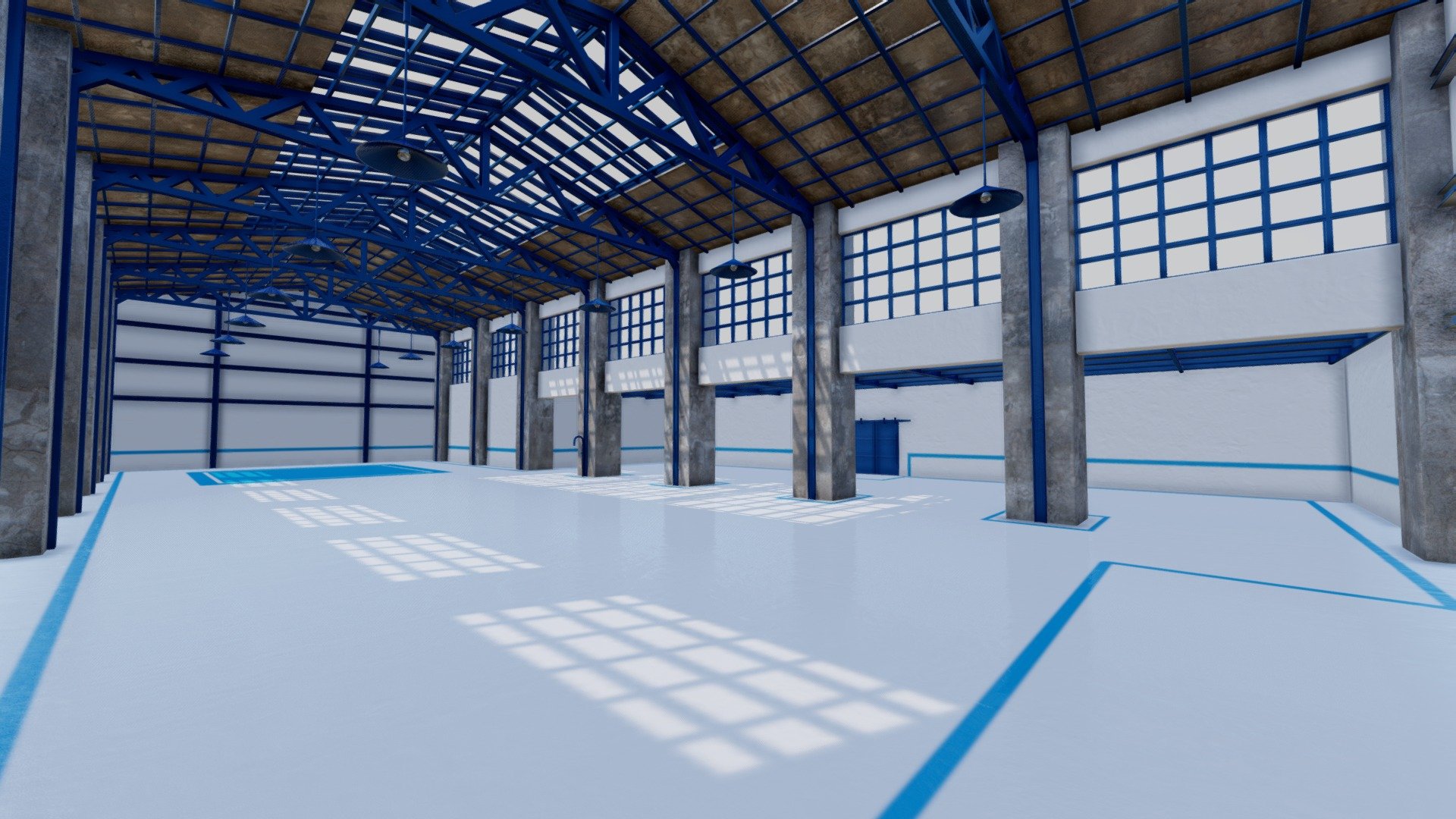 NOTE: Created in blender 2.82.1 using some newer nodes, if the shadows or textures look a bit different than in these renders, upgrading to 2.82 will solve these.

This product contains a fully rendered factory building with custom made texturepainted PBR floor and walls.

The scene is completely set up for eevee renders.

-All materials use normalmaps.

-The scene is made out of quads

-Tilable textures use a box projected overlapping UVmap for seamless results

-Painted textures use unwrapped non-overlapping UV’s

-Every material and object is named

-All files are exported from Blender with default settings.

-File extensions:

BLEND -FBX -OBJ -COLLADA/DAE -ABC -STL -GLB -PLY - SHC Factory Hall Renovated - Buy Royalty Free 3D model by denniswoo1993 3d model