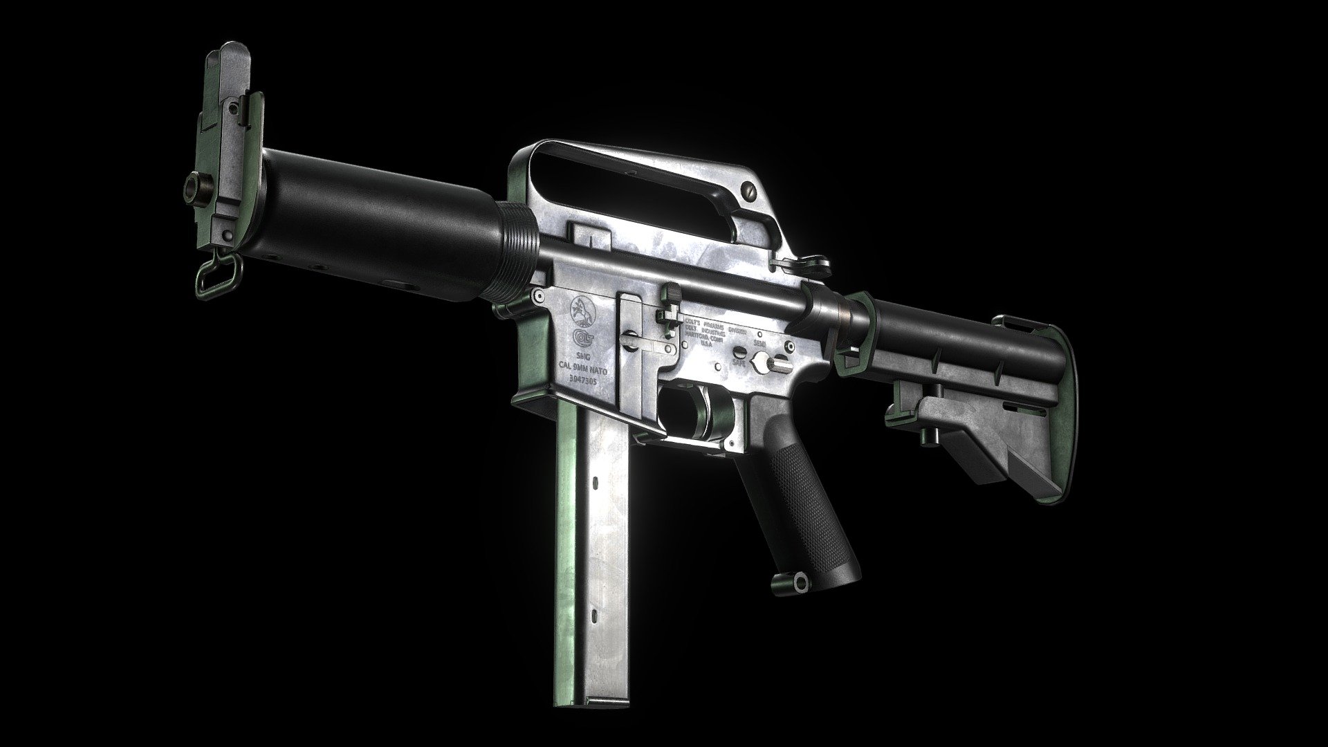 A very interesting looking SMG (imo). I had made this exact weapon in the past, decided to re-create it&hellip;
Learned quite a lot about modelling complex shapes in highpoly with this project, was a challenge at first but manage to get the ball rolling soon after. I used a few different reference images for the materials, so it turned out to be a blend between the old M16a1 and a modern day AR15 looking surface.

19,732 tris    8192x8192 - Colt 633/635 DOE - 3D model by Minde (@mufake) 3d model