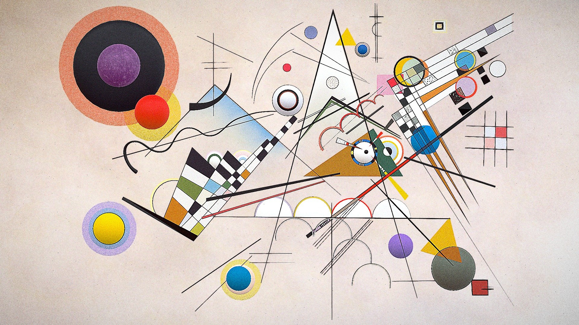 The audience was quite shocked by the transition from the apocalyptic emotion of Composition VII to the geometric rhythm of Composition VIII. “Composition VIII” was painted ten years later in 1923. It is a logical development of the creative genius of the painter and to a certain extent it reflects the influence of Suprematism and Constructivism assimilated by Kandinsky in Russia and in the Bauhaus.

In 1926, the most important theoretical work of the painter “Point and Line to Plane” was published. Of course, most of the painter’s canvases of this period are the practical expression of his theoretical ideals. However, this is not a literal implementation, but rather intuitive and poetic interpretation. Kandinsky as a writer was consistent and methodical, but when working on the canvas with figures and colours he was becoming sensual and impulsive. And, of course, he hoped that the audience would perceive his work emotionally, too.
 - Composition VIII by Wassily Kandinsky - Buy Royalty Free 3D model by arloopa 3d model