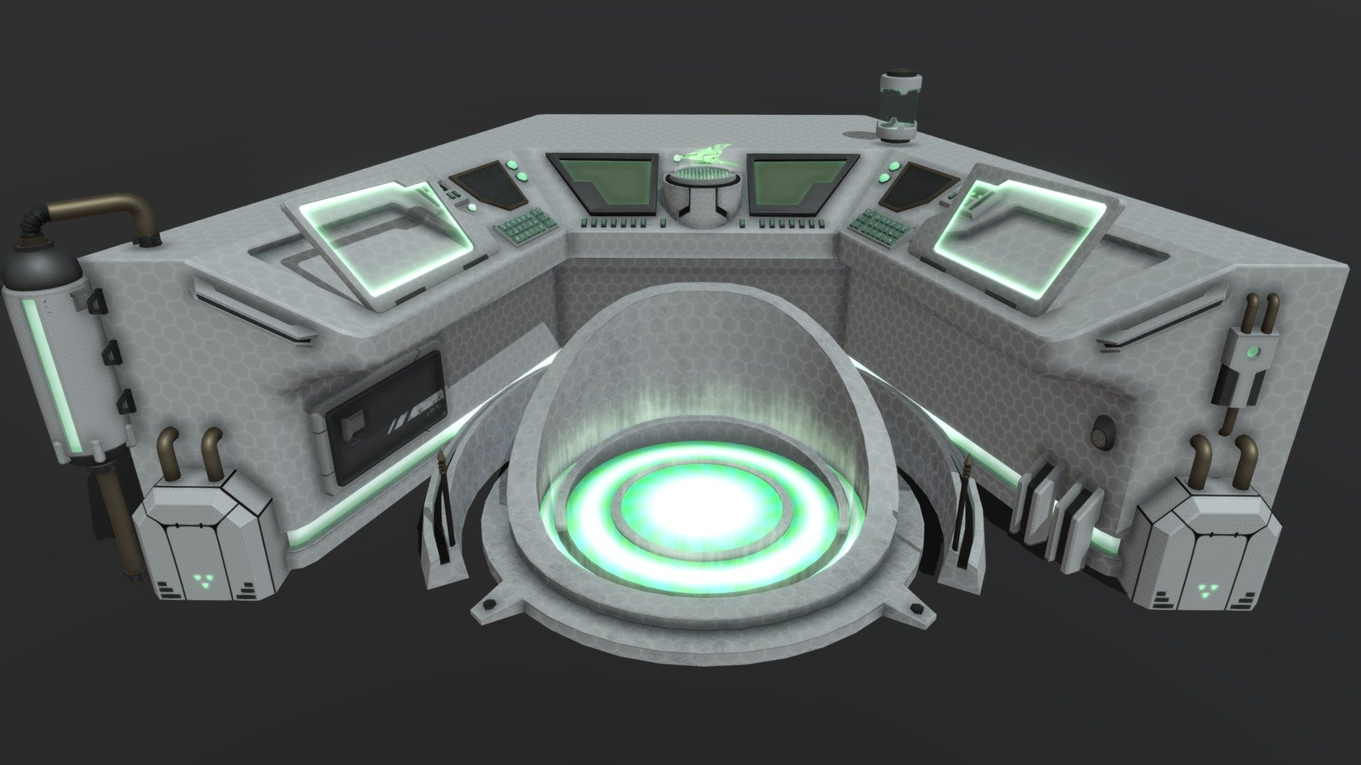 This is an asset found within the Main Spaceship Hub in a game I'm working on called Solar Explorer (Working Title).  In this scene it has been decorated with objects from my sci-fi kitbash, similar to the way it's decorated in the game 3d model