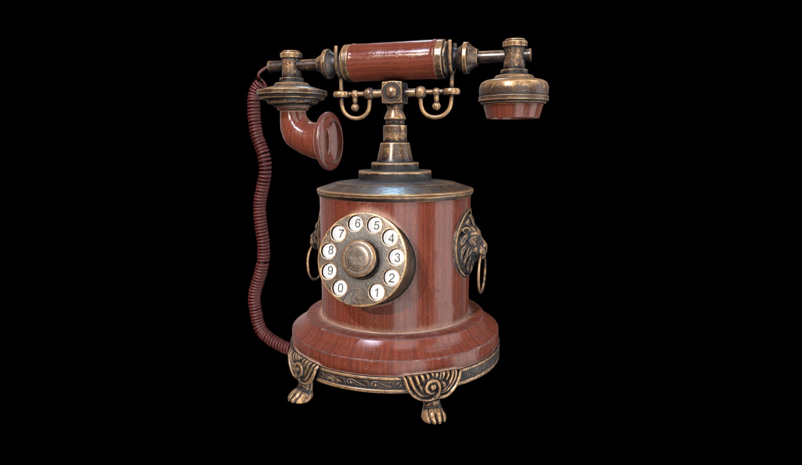 My personal project https://www.artstation.com/artwork/LWVWk 


Lowpoly modeled in 3ds max 
Highpoly modeled in 3ds max and Zbrush 
Unwrap (UDIM) created in 3ds max 
PBR textures created in Substance Painter (PBR Roughness/Metallic workflow)
 - Antique Old Lion Telephone - 3D model by tomas.buran.cgi 3d model