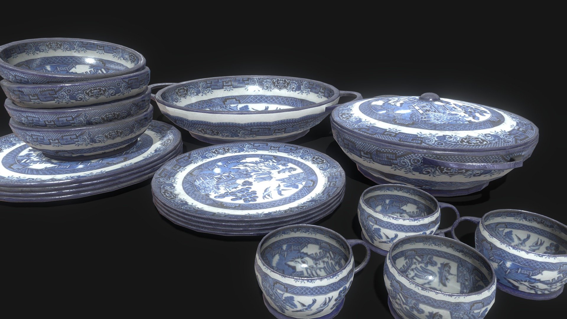 A set of dusty Old China Dishes!

Designed for games in Low-poly PBR including Albedo, Normal, Metallic, AO, and Roughness PNG textures. All models share one 4K Texture map.

11520 Triangles (Total of all objects in scene) 3d model