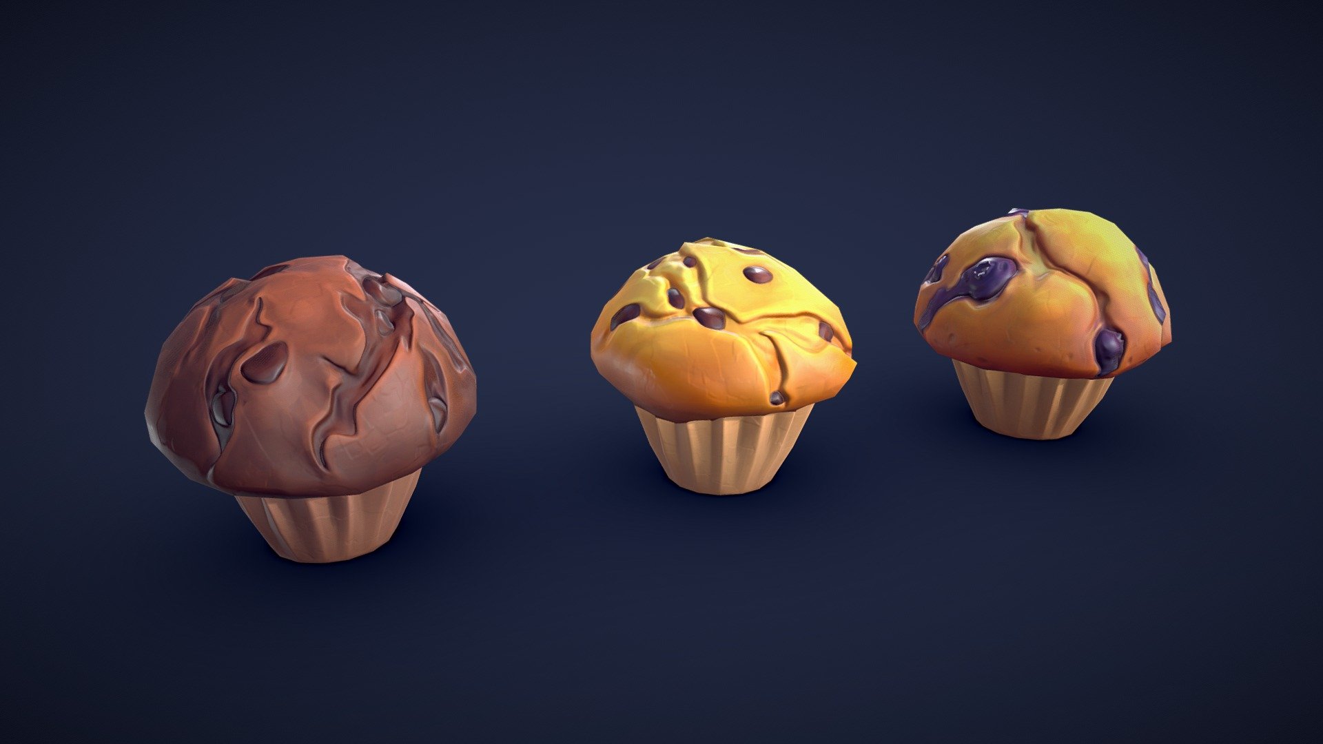 This pack includes 3 different stylized muffins: chocolate, blueberry and chocolate chip.
Whether you want to create a cozy bakery, a fancy café, or a chaotic food fight, this 3D stylized muffin asset pack will make your scenes more appetizing and fun! 🧁

Model information:




Optimized low-poly assets for real-time usage.

Optimized and clean UV mapping.

2K and 4K textures for the assets are included.

Compatible with Unreal Engine, Unity and similar engines.

All assets are included in a separate file as well.
 - Stylized Muffins - Low Poly - Buy Royalty Free 3D model by Lars Korden (@Lark.Art) 3d model