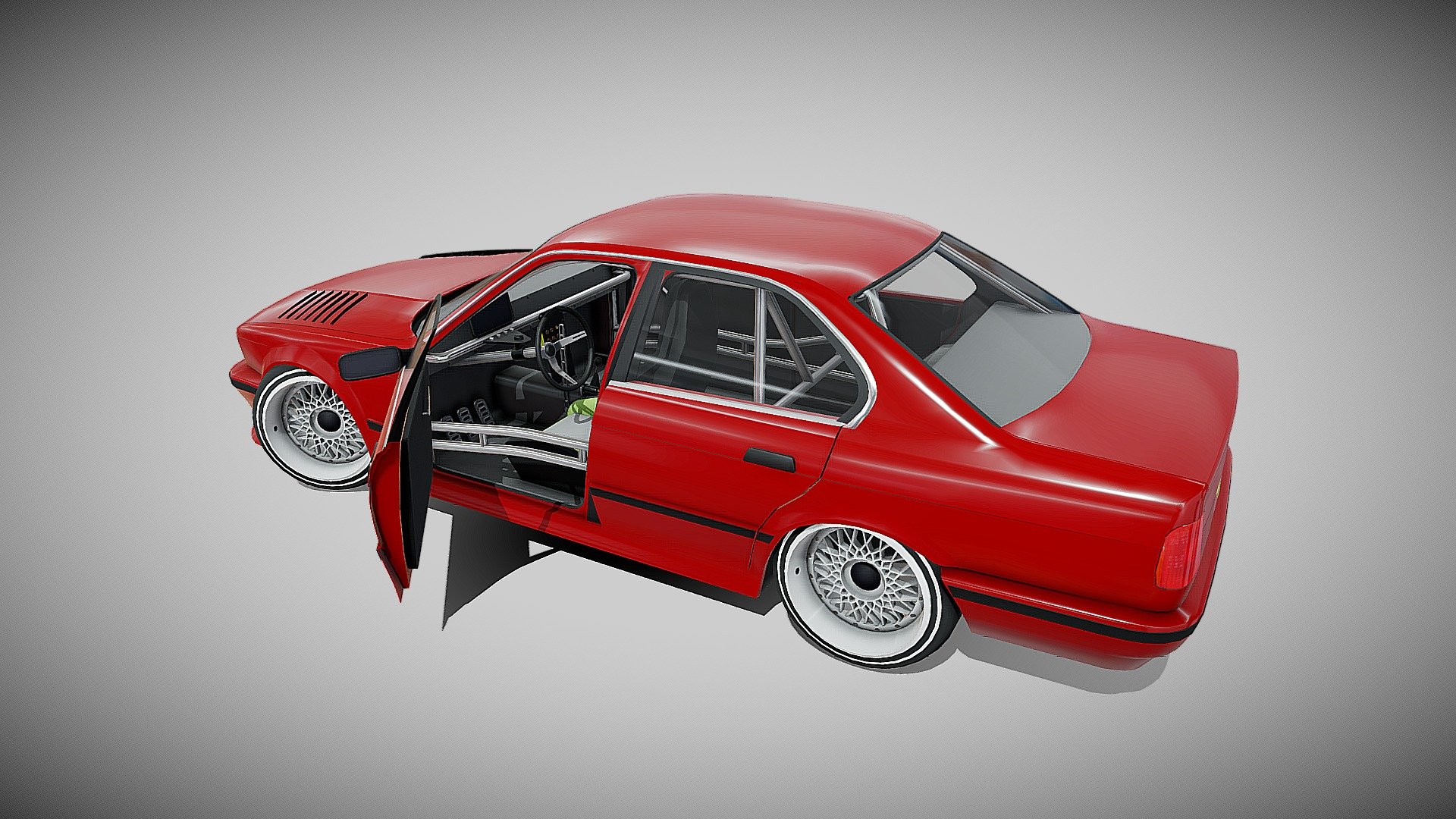 Lowpoly game ready drifter (BMW). Ready to use in game engines. Easy to apply to all kinds of car physics in Unity engine. The model is divided into parts: doors, glass, wheels 3d model