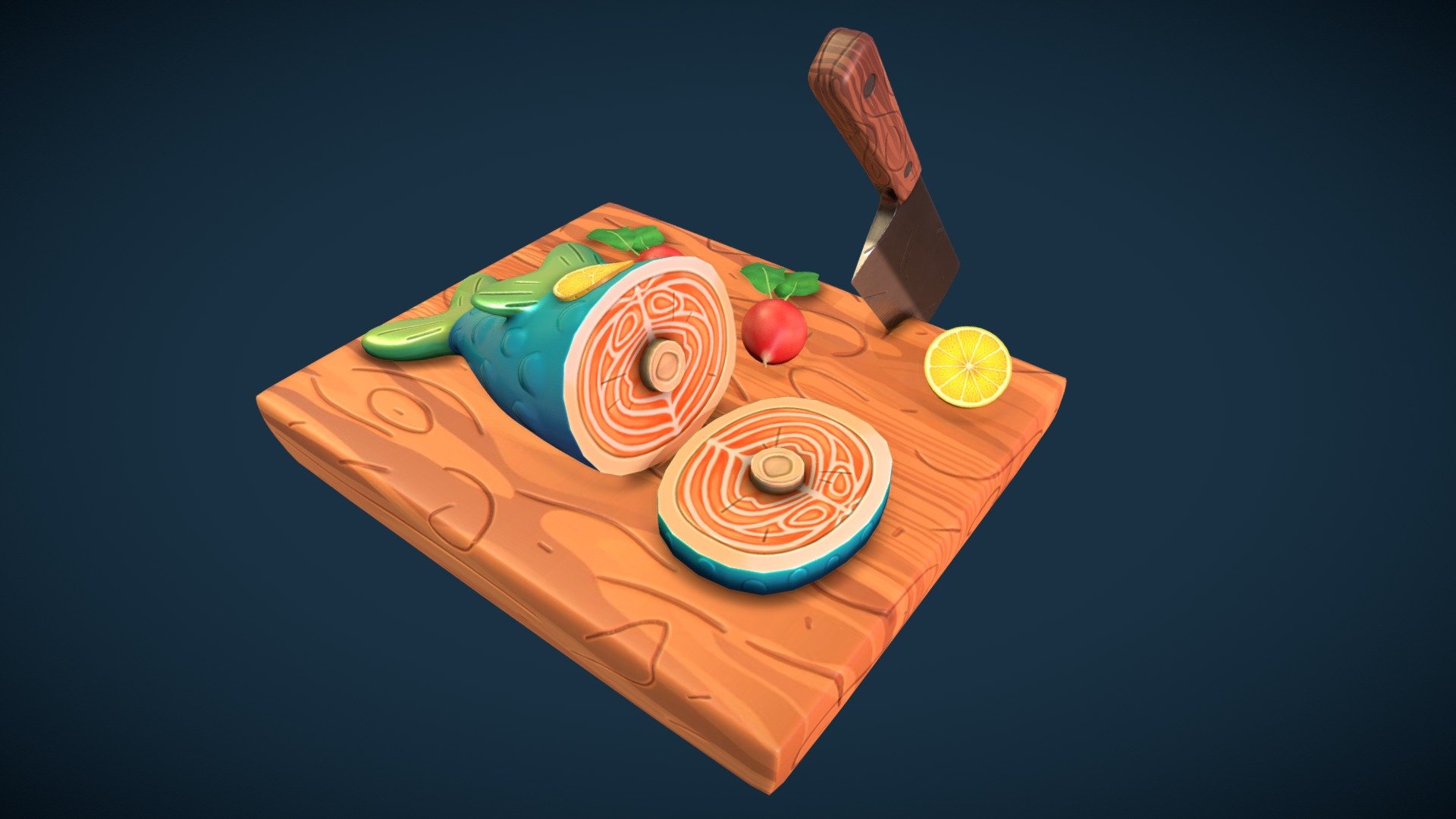A delicious low poly fish prop with cuttingboard, knife, and radishes. Ready for to be in an in game prop.
Will be sold on my Artstation profile.
Created in Blender by me for any game, vr, vr chat, personal use 3d model