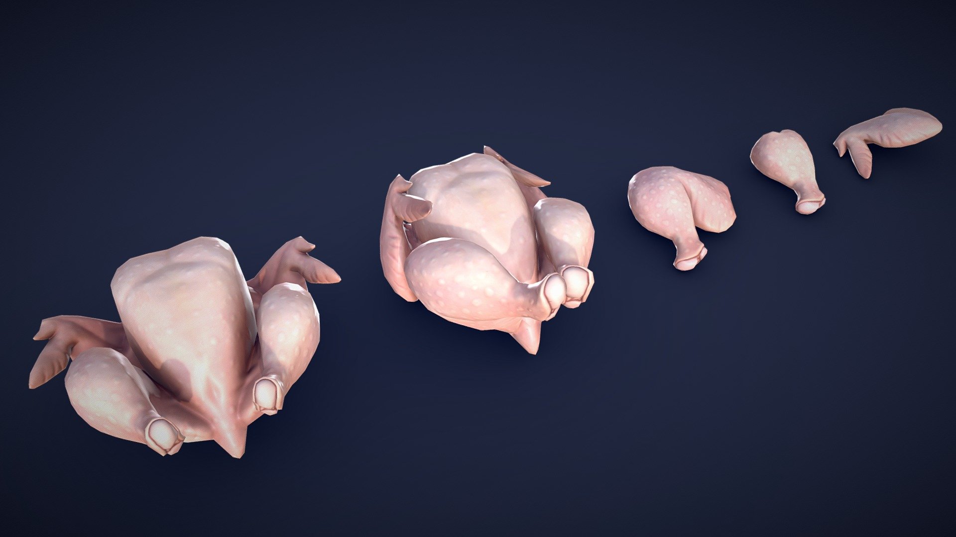 This asset pack includes 2 different chickens, a chicken leg, drumstick and chicken wing. All models are low-poly and optimized for performance and quality. Whether you’re creating a butchery, bbq or adding a unique touch to your game environment, these chicken assets will add some detail to your project!🍗

Model information:




Optimized low-poly assets for real-time usage.

Optimized and clean UV mapping.

2K and 4K pbr textures for the assets are included.

Compatible with Unreal Engine, Unity and similar engines.

All assets are included in a separate file as well.
 - Stylized Raw Chicken - Low Poly - Buy Royalty Free 3D model by Lars Korden (@Lark.Art) 3d model