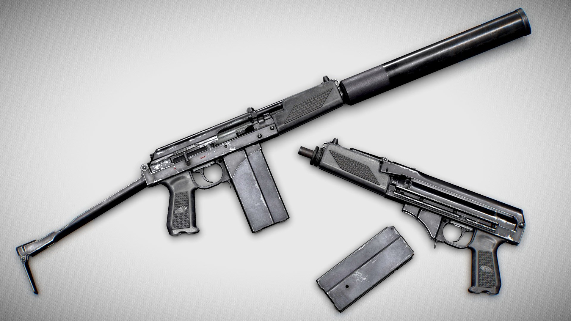 9A-91 assault rifle. Download comes with a game-ready rigged model.

Triangles: 21809

Vertices: 19829

UV sets: 5 (main, stock, grip, mag, silencer), PBR(metal/rough)

Notes:




&lsquo;barrel_cyl' bone should be hidden if the silencer is present

stock unfolded angle: 189.5

stock plate unfolded angle: 80.5

https://www.artstation.com/artwork/R3PAgX - 9A-91 - Buy Royalty Free 3D model by Adrian Kozioł (@adrian.koziol23041999) 3d model
