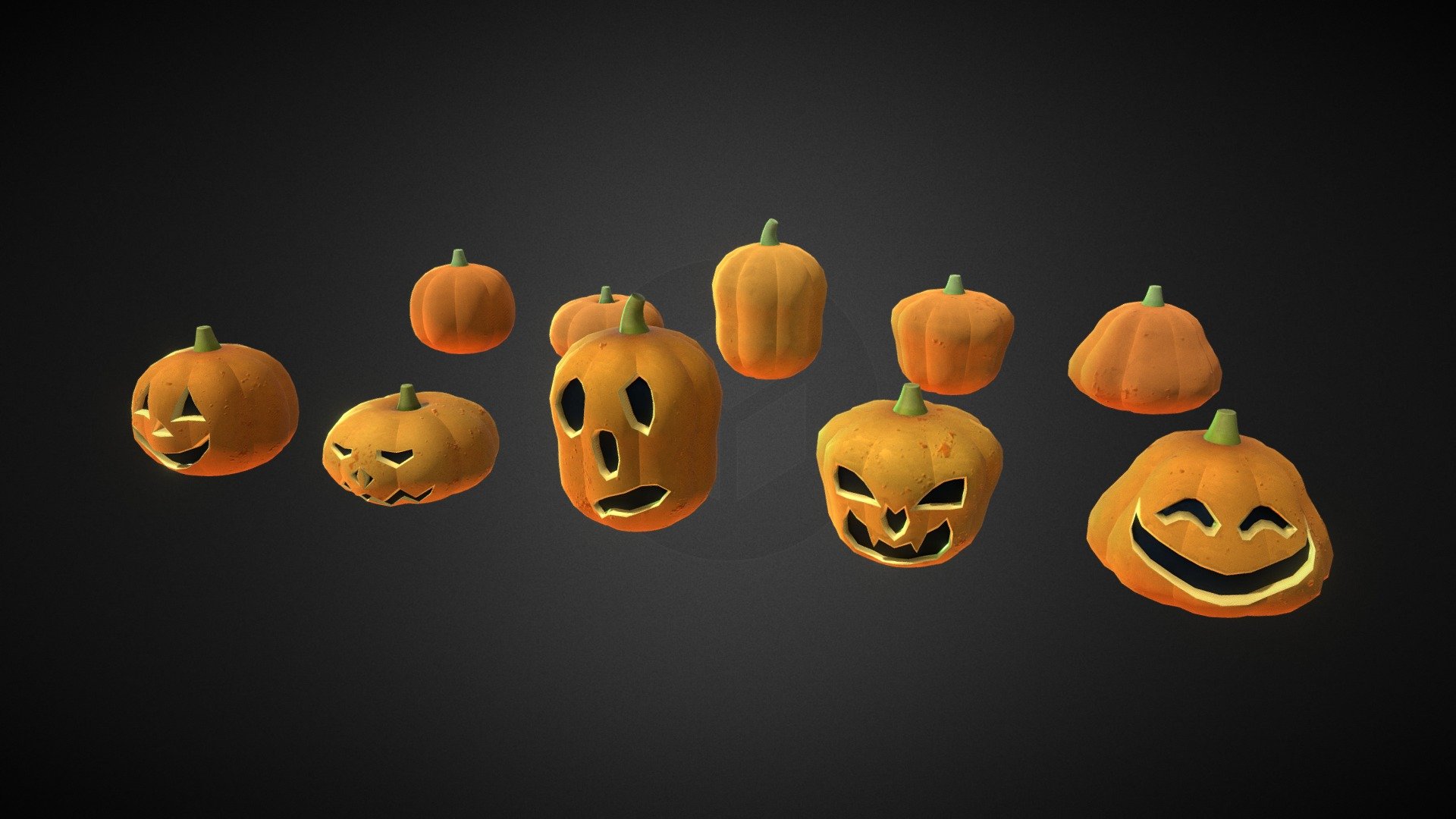 A set of 10 stylised and fairly low-poly pumpkins, 5 uncarved and 5 carved. 

Free to download and use in your projects 3d model