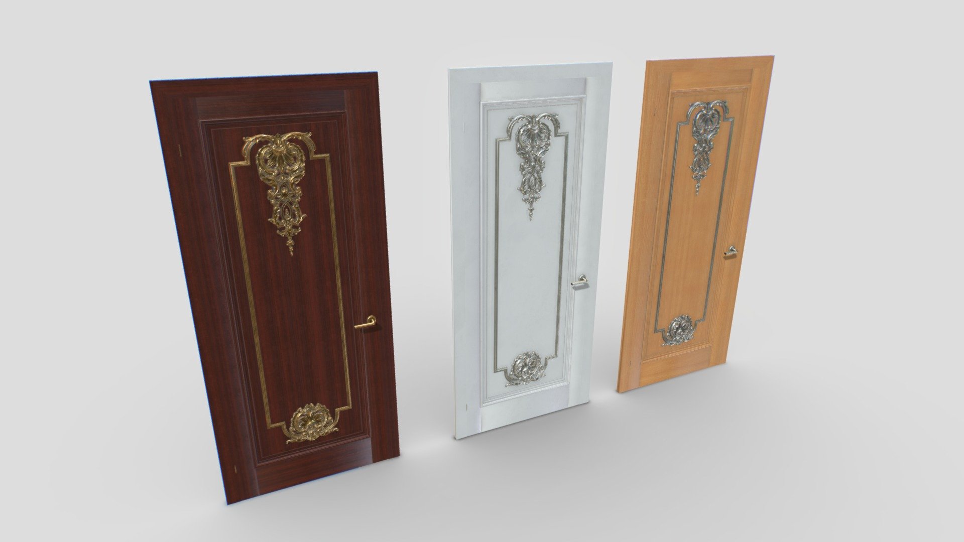 Pack of classic doors. Real scale but scale as you needs. 1 material and 3 sets of textures for a total of 3 different doors.

Each door comes with frame, door and 2 handles in case they need to be animated.

Comes with 4096x PBR textures including Albedo, Normal, Metalness, Roughness and AO. ARM mask texture included (ao, rough, metal) and also unity HDRP mask.

Total tris 120000. 60000 verts.

Suitable for halls, palaces, offices, etc. 3d model