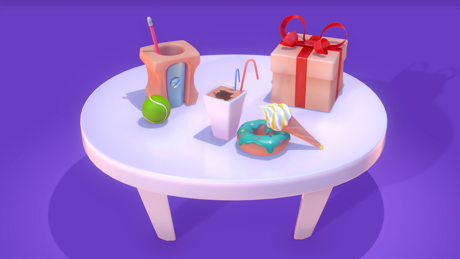 A little table with various interesting stuff.
No textures. Only vertex color. Turbosmooth was applied to all lowpoly objects before uploading to make forms smoother 3d model
