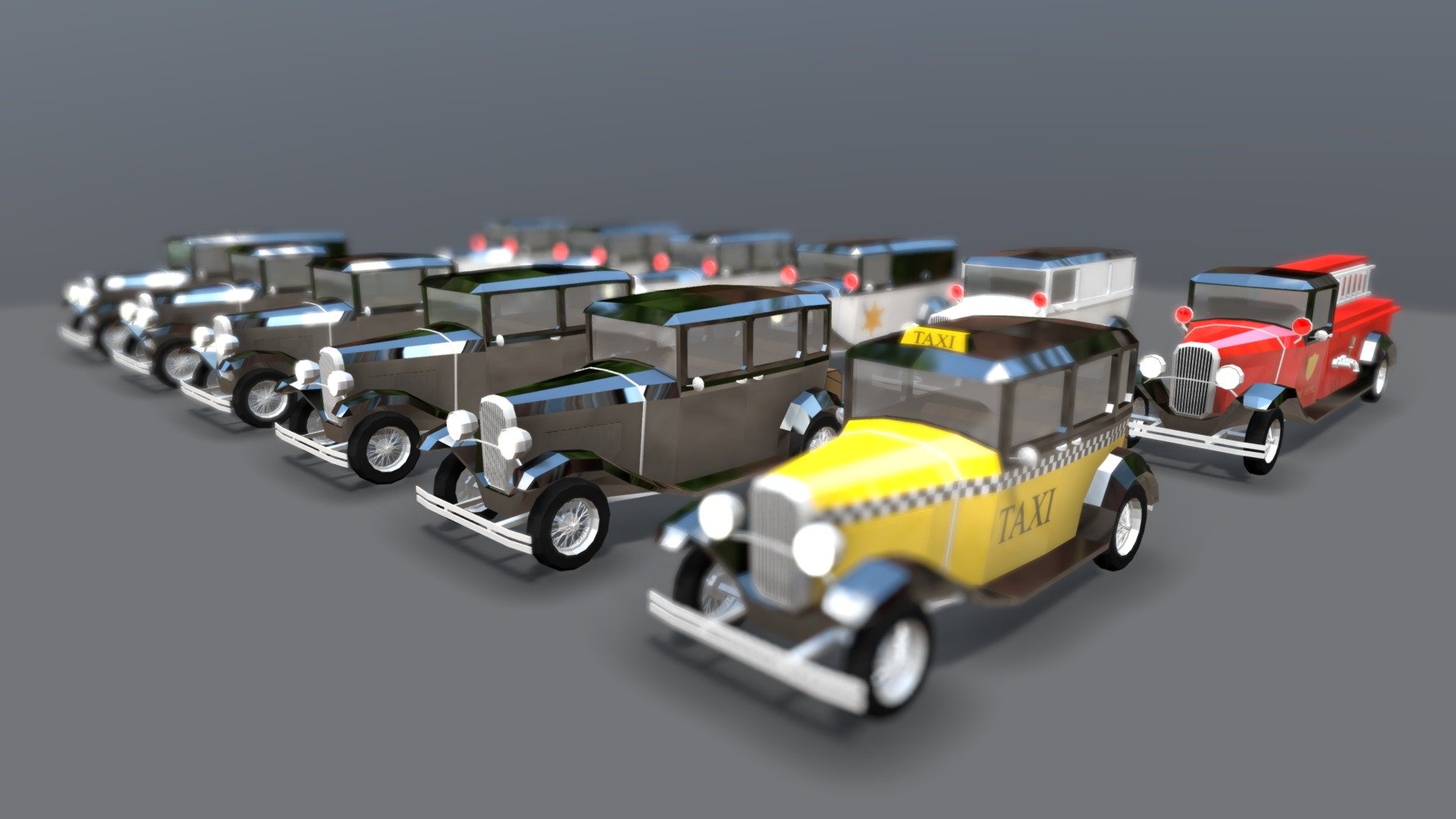 This car pack represents cars from the 1930’.

It features a emergency vehicles and a bunch of normal ordinary citizen vehicles.

Doors, windows and tires are separate models, so this pack is very suitable for GTA like style games.

It can be downloaded on the Unity Asset Store for 24.99 USD 3d model