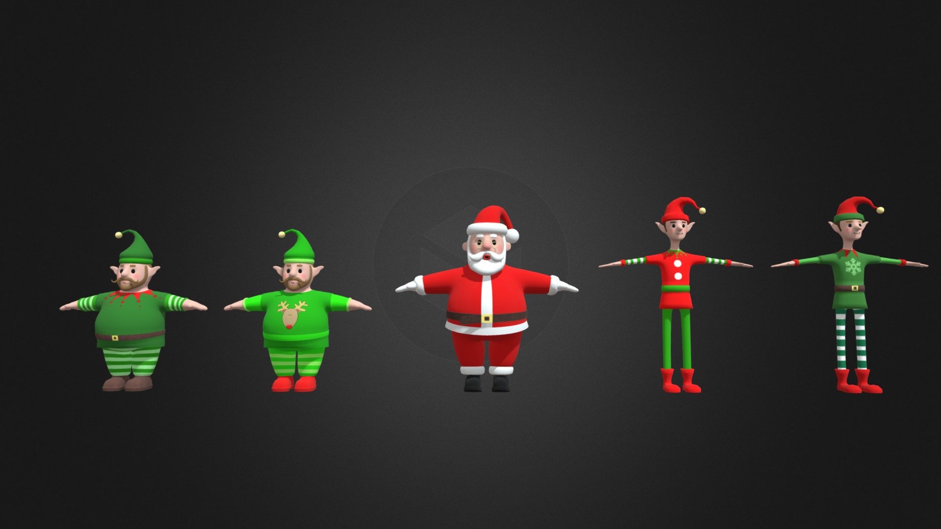 5 Christmas characters for your holiday themed project.
Looking for a festive way to add some holiday cheer to your game or app? Look no further than the Christmas Character Pack!

This pack includes Santa, as well as four different elves (with two textures each). They're perfect for any winter- or holiday-themed project.

Santa is jolly and plump, with a big white beard and a sack full of presents. The elves are cheerful and mischievous, sure to bring a smile to any player's face.

Add them to your Unity scene today and bring some holiday spirit to your players!

We look forward to your feedback so we can create more assets for YOU! - Santa Clause Elfes Characters - Buy Royalty Free 3D model by HayqArt 3d model
