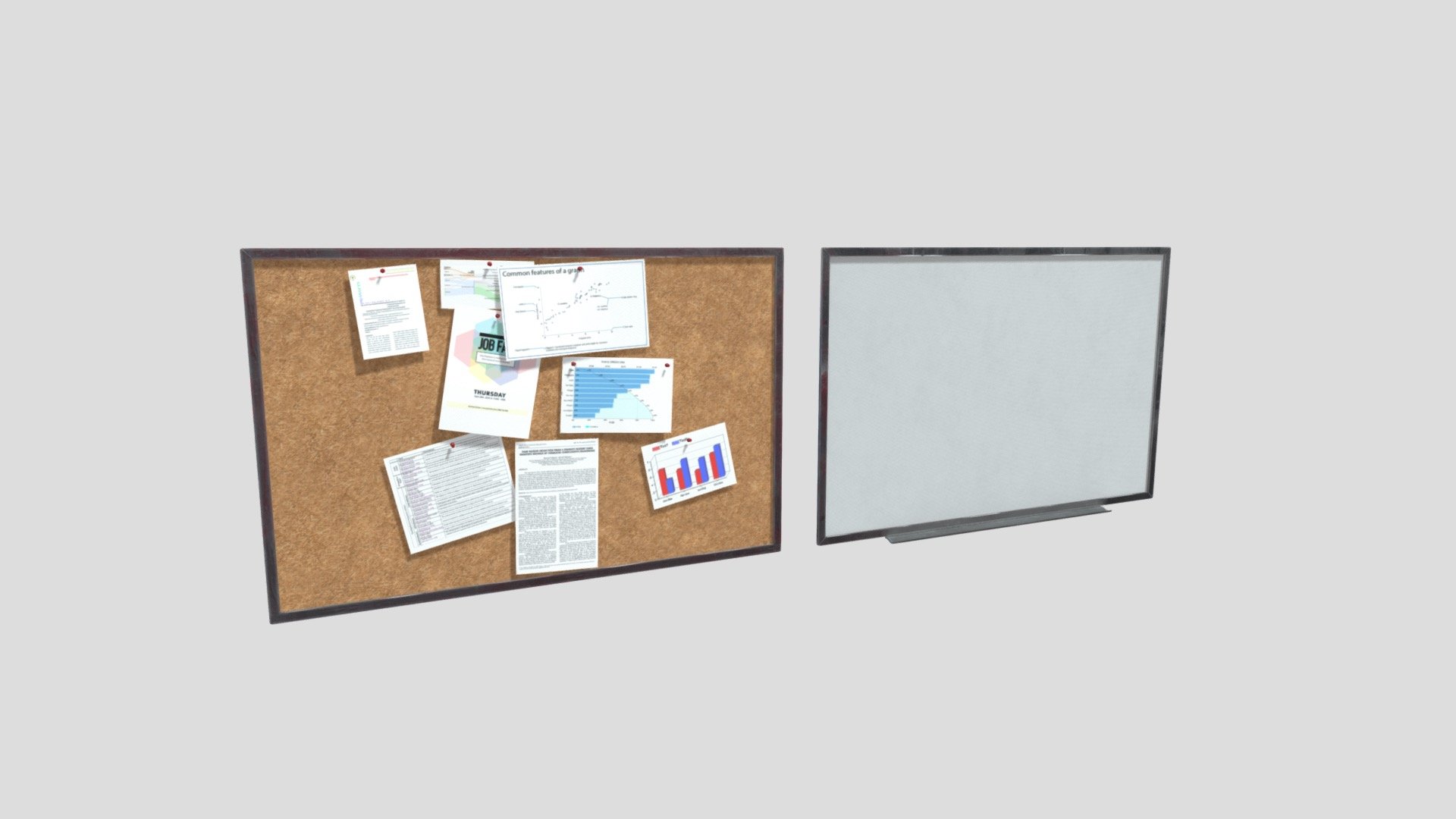 This white board and Tack board is perfect for any scene, whether its, an office, factory, facility, home, school, etc. The model is viewable from all angles and distances and can easily be customized with perfect UV maps.

This Includes:

The mesh (White board, Tack board, Thumbtack, Papers)
2K texture Set (Albedo, Metallic, Roughness, Normal, Height)
4 Texture Sets ( White Board, Dirty White board, Tack Board, Papers, Thumbtack)
The meshes are UV unwrapped with vertex colors for easy retexturing 3d model