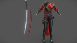 SAVE Medieval Female Swords Master Full Outfit steampunk, leather, warrior, high, katana, heel, medieval, master, double, girls, top, pants, coat, cloak, crimson, boots, combat, womens, scabbard, swords, swordsman, figther, gloves, pbr, low, poly, female, fantasy, black, hand, jakcet