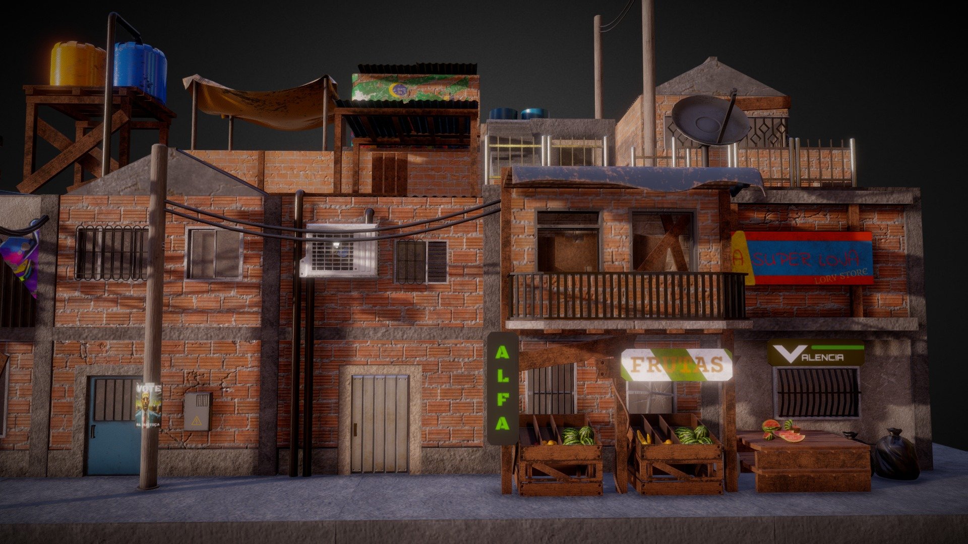 Favela project contains:
2k - 4k Textures
9 PBR materials 
walls bricks have a secondary color variation.
completely modular.
all objects are exported separately in FBX. (you can find the FBX list in the Files Folder)
Graffitis are also separated with an alpha for better customization.
maya file included!
I did this preview so you can have an idea of all the things you can do with this kit, there are multiple 3d models that I could't fit on the preview, but you can find them on the files folder. hope you like it - Favela Modular Kit - Buy Royalty Free 3D model by alejo066 3d model