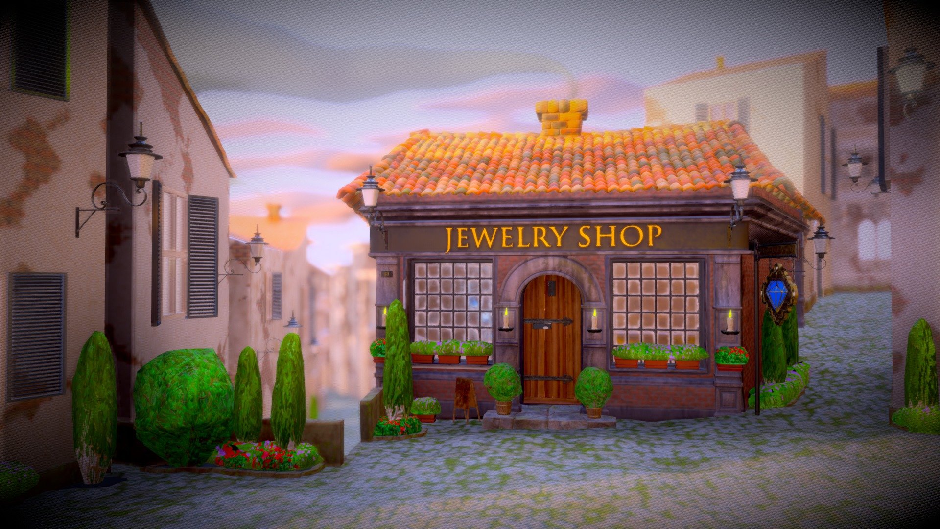 A moody little village and a mysterious jewellery shop.
I made this for rendering, so the meshes and UV's are not perfectly optimized.
I didn't use any purchased assets for this, so everything is modeled by me.
Shaders were almost all procedural originally. I baked them into bitmap textures with Arnold.
I had to reduce the plant models to simple ones due to Sketchfab file size limit 3d model