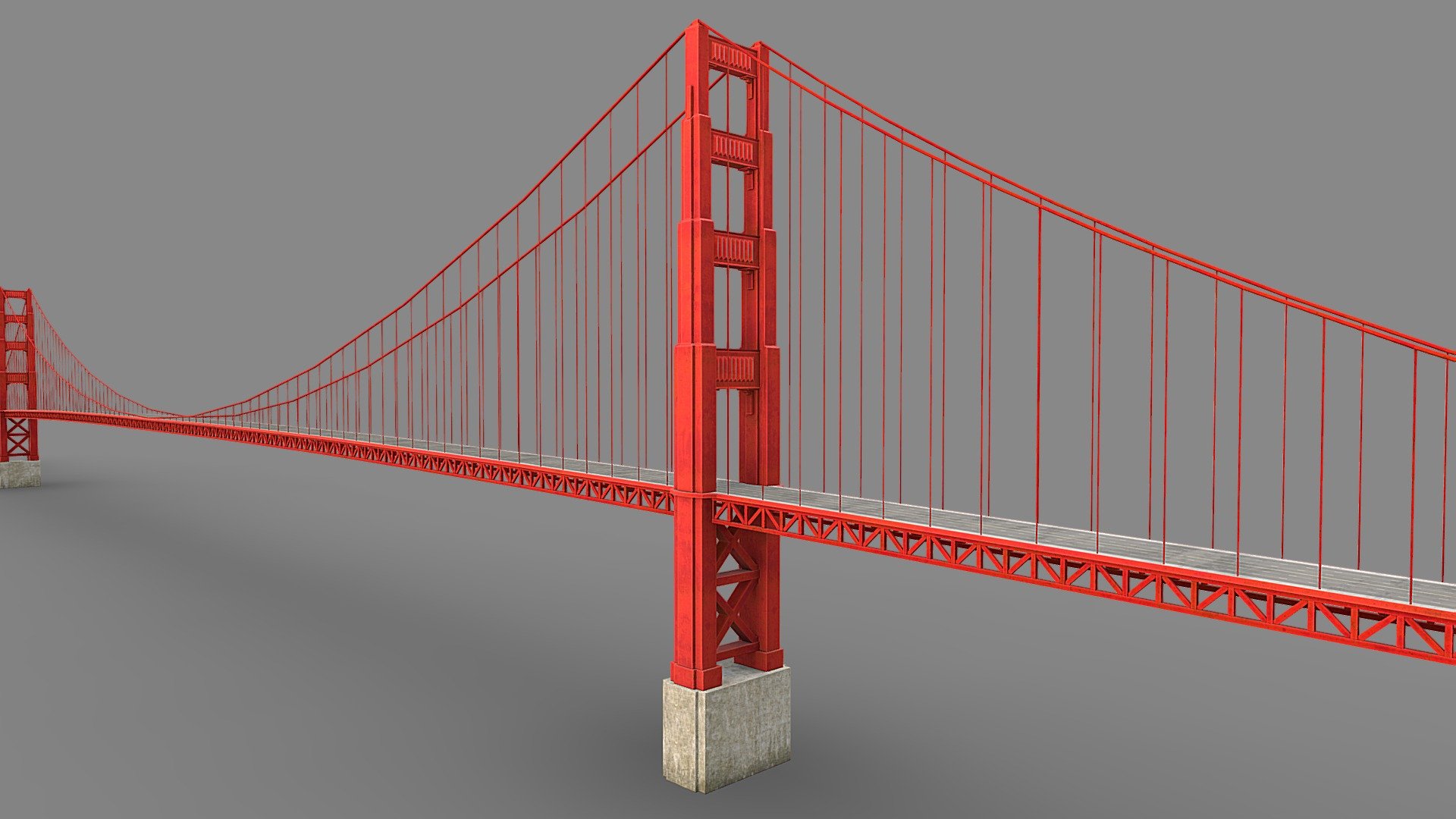 Low Poly Golden Gate Bridge San Francisco

Part of collection:




https://skfb.ly/oUnnv

Details:




High fidelity, game ready, realtime optimized

Made in real world scale meters

Unwrapped on 1 UV layout with mixed technique

Bridge non-overlapping unwrapped, road seamless

Pivot placed on waterline

Ideal as good quality background object

Textures:




3 x textures in native 2K

Included are base diffuse, specular diffuse and gloss

Triangle count:




Complete 17.664 tris
 - Low Poly Golden Gate Bridge San Francisco - Buy Royalty Free 3D model by 3dgtx 3d model