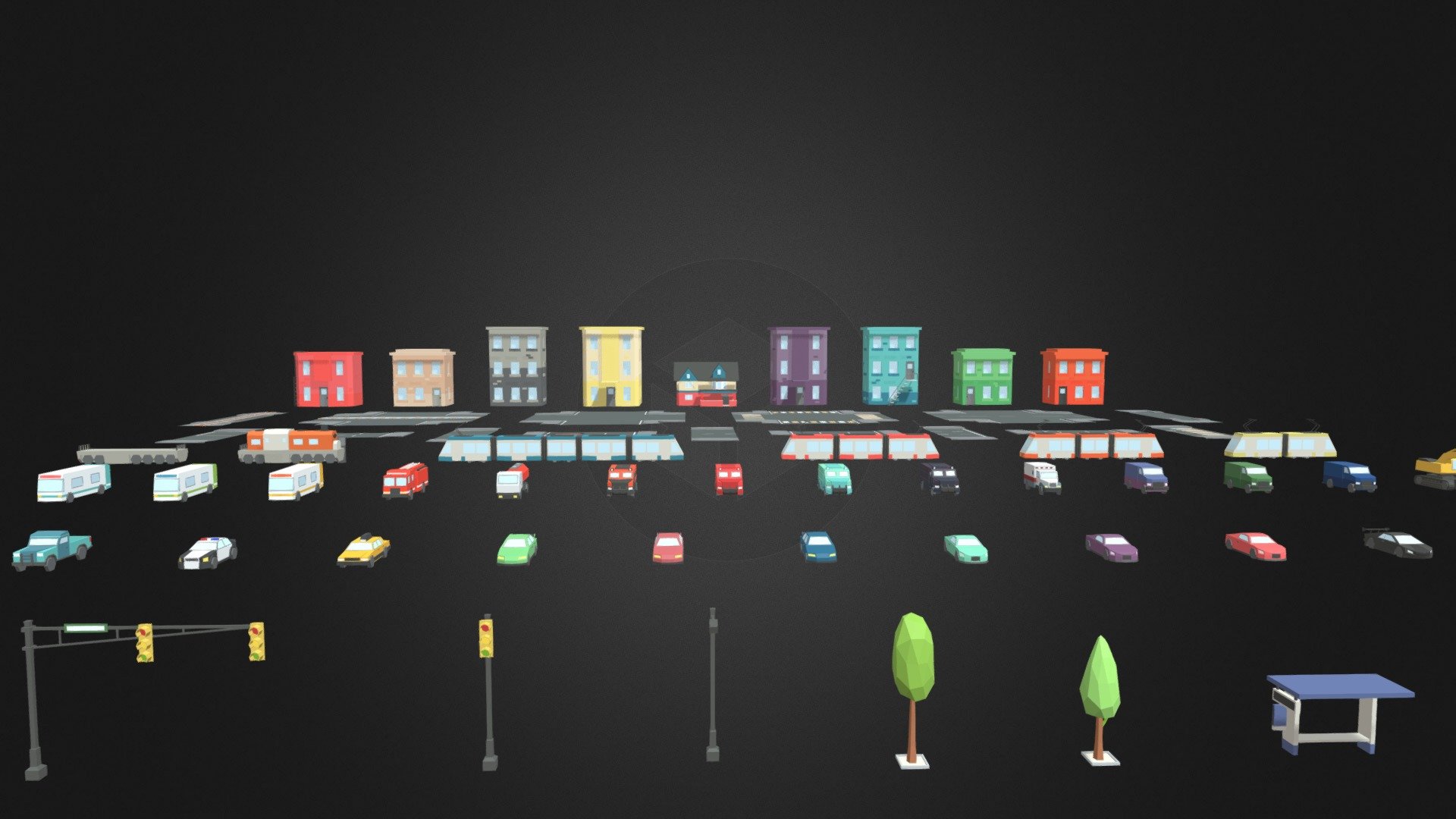 Low Poly Simple Urban City 3D Asset Pack is perfect for creating Mobile &amp; VR Games! 

What's Inside?




90+ Game Ready Low Poly Models

Carefully Made in Cinema 4D

Clean Hierarchy

Clean Topology

Stylized Low Poly Models

What Kind of Models?




35 Different Vehicles: main hero cars, sport cars, trucks, buses, emergency vehicles (police, fire truck, ambulance)

35 Different Street Props: road signs, bus stop, trees, trash, traffic lifgts

15 Road Paths: railways, crossroads, etc.

9 Beautiful Buildings: city houses, unique cottage house

Formats




.fbx (+ all separated models)

.c4d (native) - ArtStation

Project Information




Animated: NO

Low Poly: YES

Materials: YES

Rigged: NO

Textured: YES

UV Layout: YES

Created in: Cinema 4D

Feedback

If you have any questions about my models or if you need a specific requirement for a model, please feel free to contact me: syomapozdeev@gmail.com - Free Low Poly Simple Urban City 3D Asset Pack - Download Free 3D model by Syoma Pozdeev (@moldydoldy) 3d model