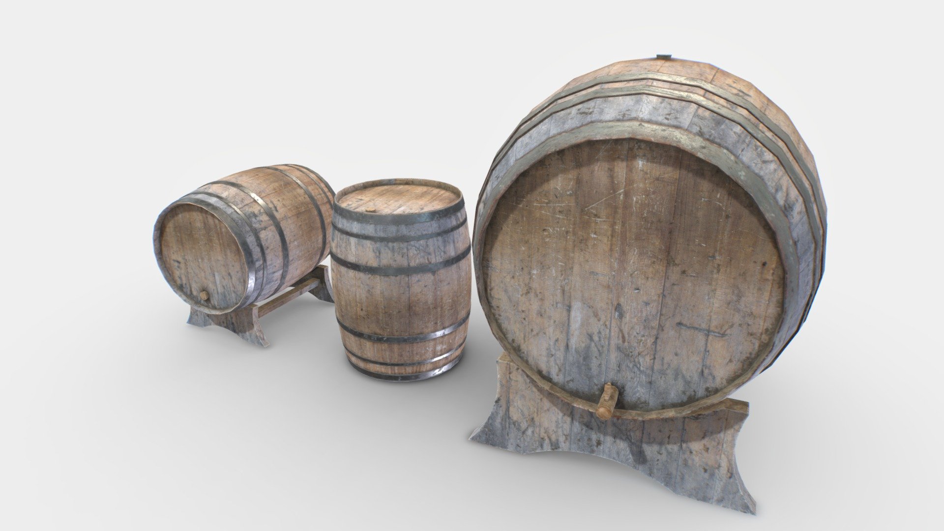 2 wooden barrels based in realistic ones and with 3 pieces, 2 barrels and 1 support.

Comes with PBR 4096pix textures including Albedo, Normal, Roughness, Metalness, AO.

2 texture sets, for big barrel/support and small barrel. TGA textures

Suitable for basements, dungeons, medieval scenes, cellars, etc..

Realistic scale 3d model