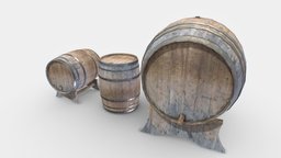 Old Wooden Barrels 4 drum, wooden, dungeon, barrel, wine, medieval, basement, barrels, beer, realistic, cellar, pbr, wood