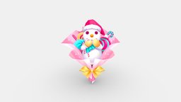 Cartoon snowman bouquet flower, xmas, love, rose, christmas, gift, present, celebration, romantic, lowpolymodel, marry, handpainted, birthdaygifts