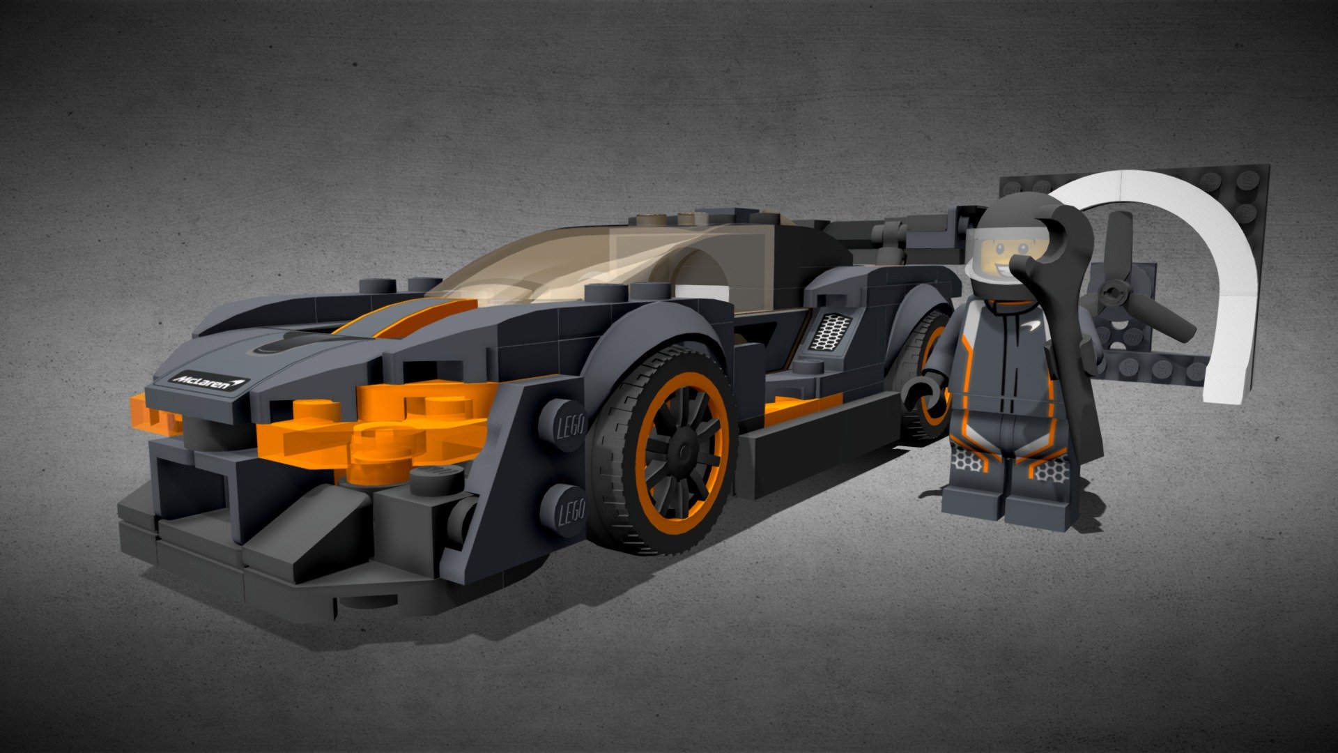 Complete car and minifigure from LEGO 75892 kit. All stickers and textures. It is not a scan, but a complete kit, contains all the cubes. Includes MCLAREN SENNA, 1x minifigure and 1x fan 3d model