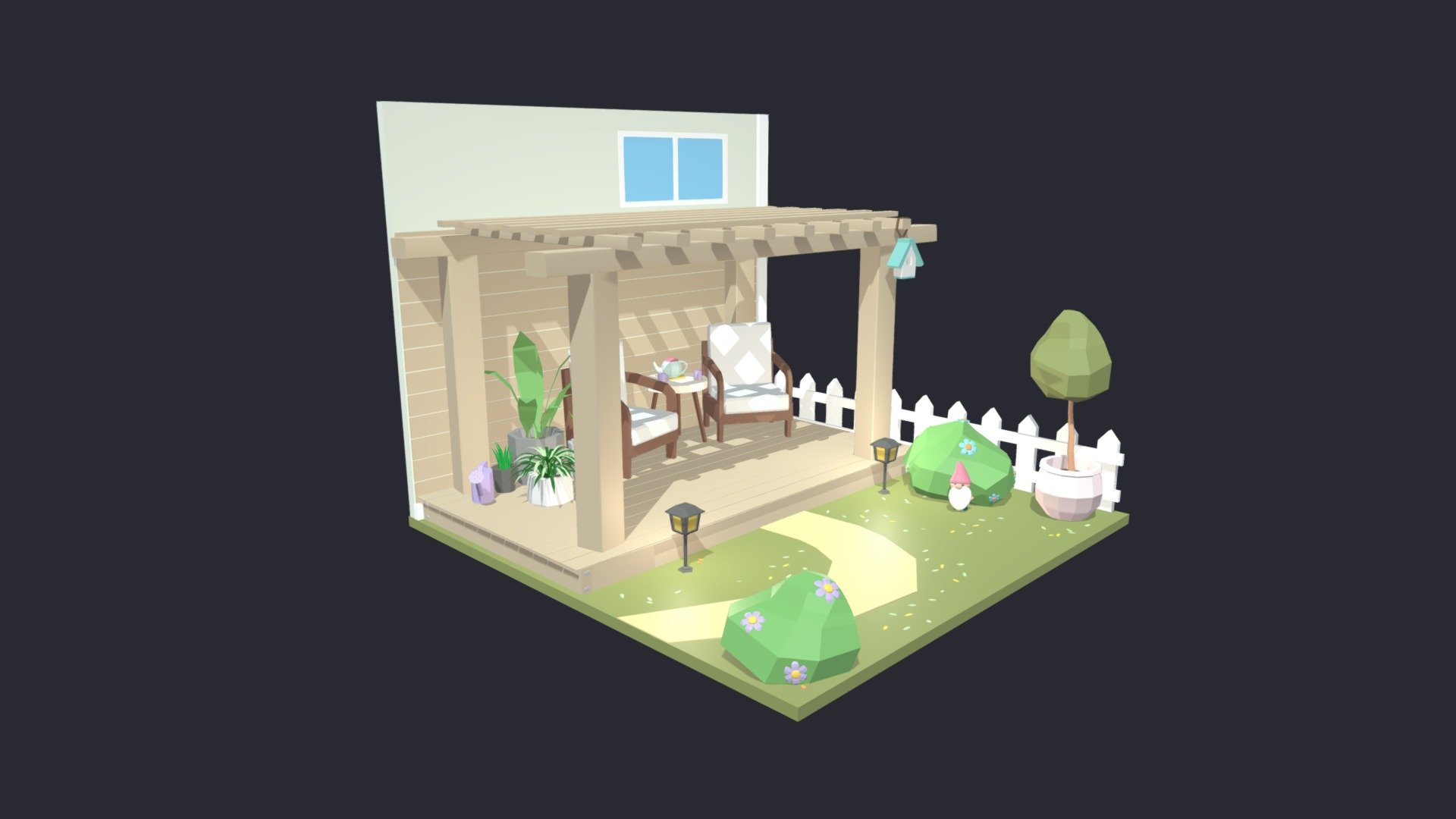 Low poly room is ready to be used for games, rendering and advertising.

This is a kitchen complete with furniture.

This set includes 18 unique props: gazeebo / gnome / table / plants / lamps / bushes and much more!

Technical details:

The whole room has:




Vertex: 9838

Faces: 9241

Tris: 17342

Has only one color texture (2048/1024/512/256 /128px) and one material for the entire game set.

Feel free to download it and leave your reviews, comments and likes. This will help us create more products for you :) - Patio Backyard Room 18 Low-poly 3D model - Buy Royalty Free 3D model by Mnostva 3d model