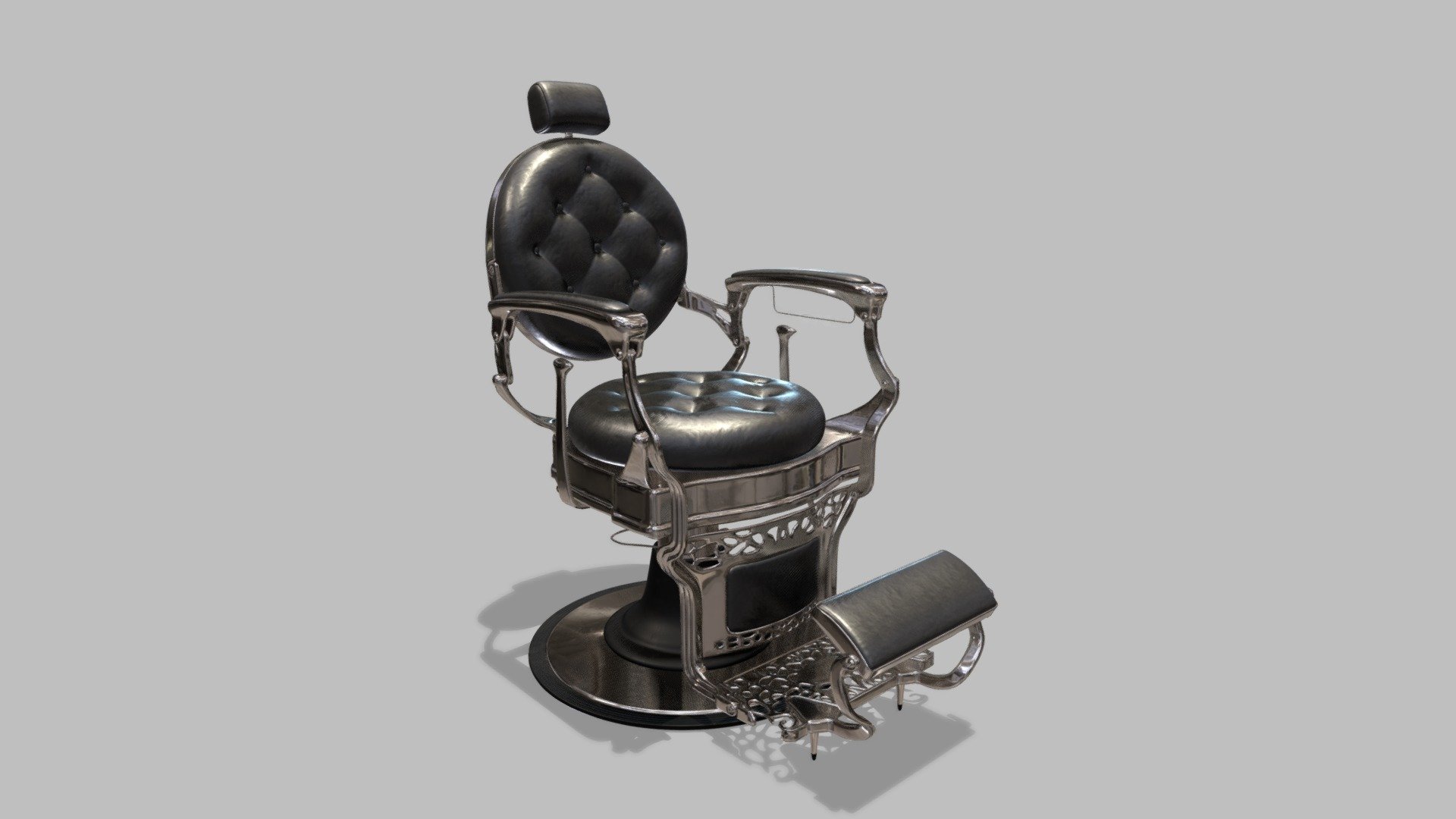 This upscale barber chair features solid steel construction throughout, with a sleek high-polished finish. The Capone's durable rounded seat &amp; back cushions are adorned an exquisite black vinyl covering, as are the chair's padded armrests and classic flip-style footrest 3d model