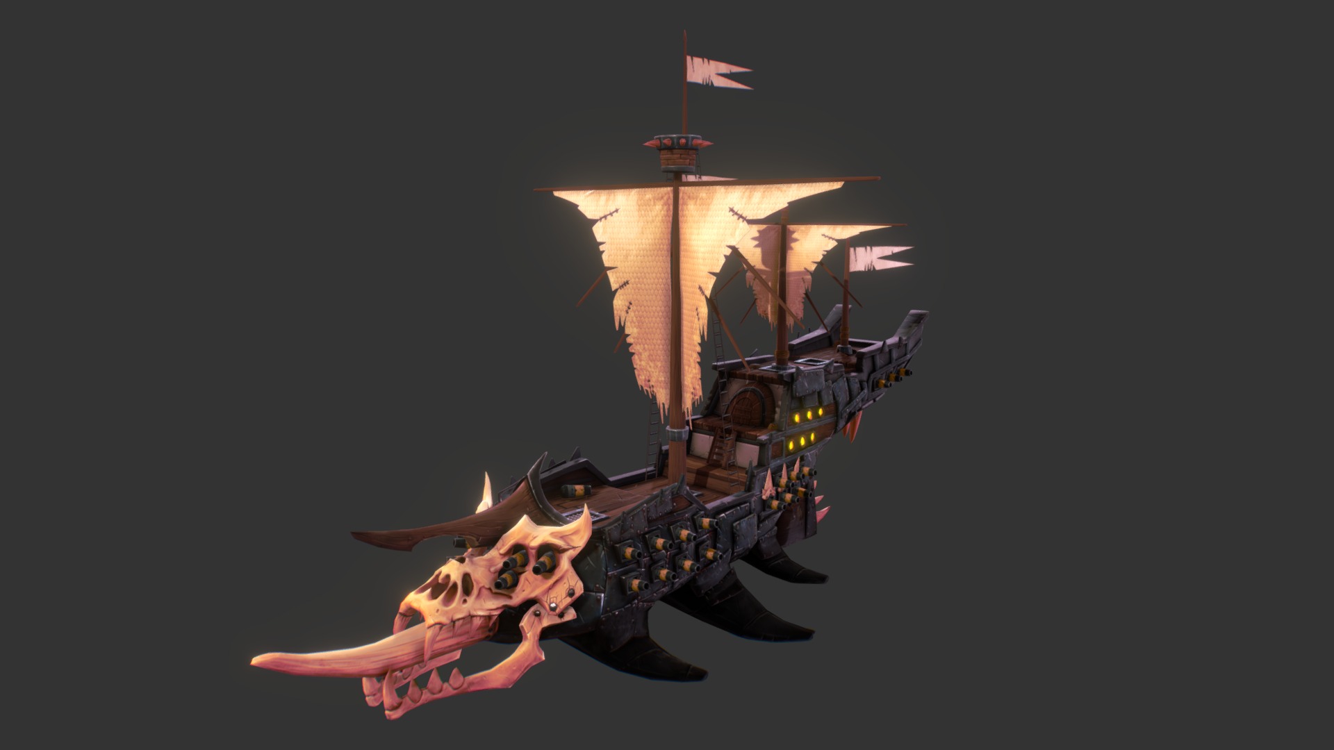 This is Blood Fin, the orcish frigate for the naval combat game Maelstrom from Gunpowder Games.

https://www.kickstarter.com/projects/2006538134/maelstrom-thunderous-fantasy-naval-combat - Blood Fin Orcish Frigate (Maelstrom Game) - 3D model by iznvm 3d model