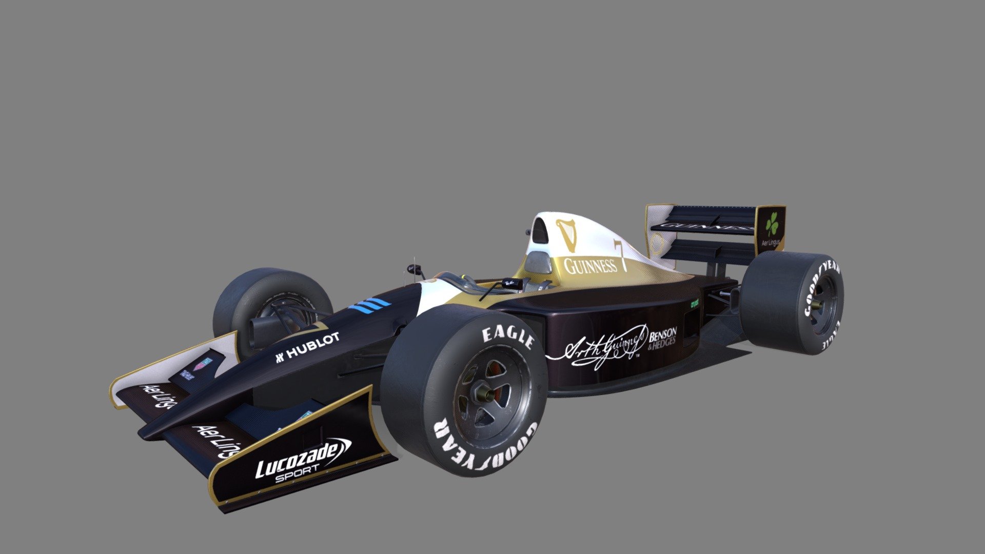 This is a 1991 F1 car with a Guinness livery on it. I threw in some other sponsors including Irish ones.

The car model was not done by me and was given to me by:

Sketchfab: Todor Malakchiev
ArtStation: Todor Malakchiev - 1991 Guinness F1 Car 3d model