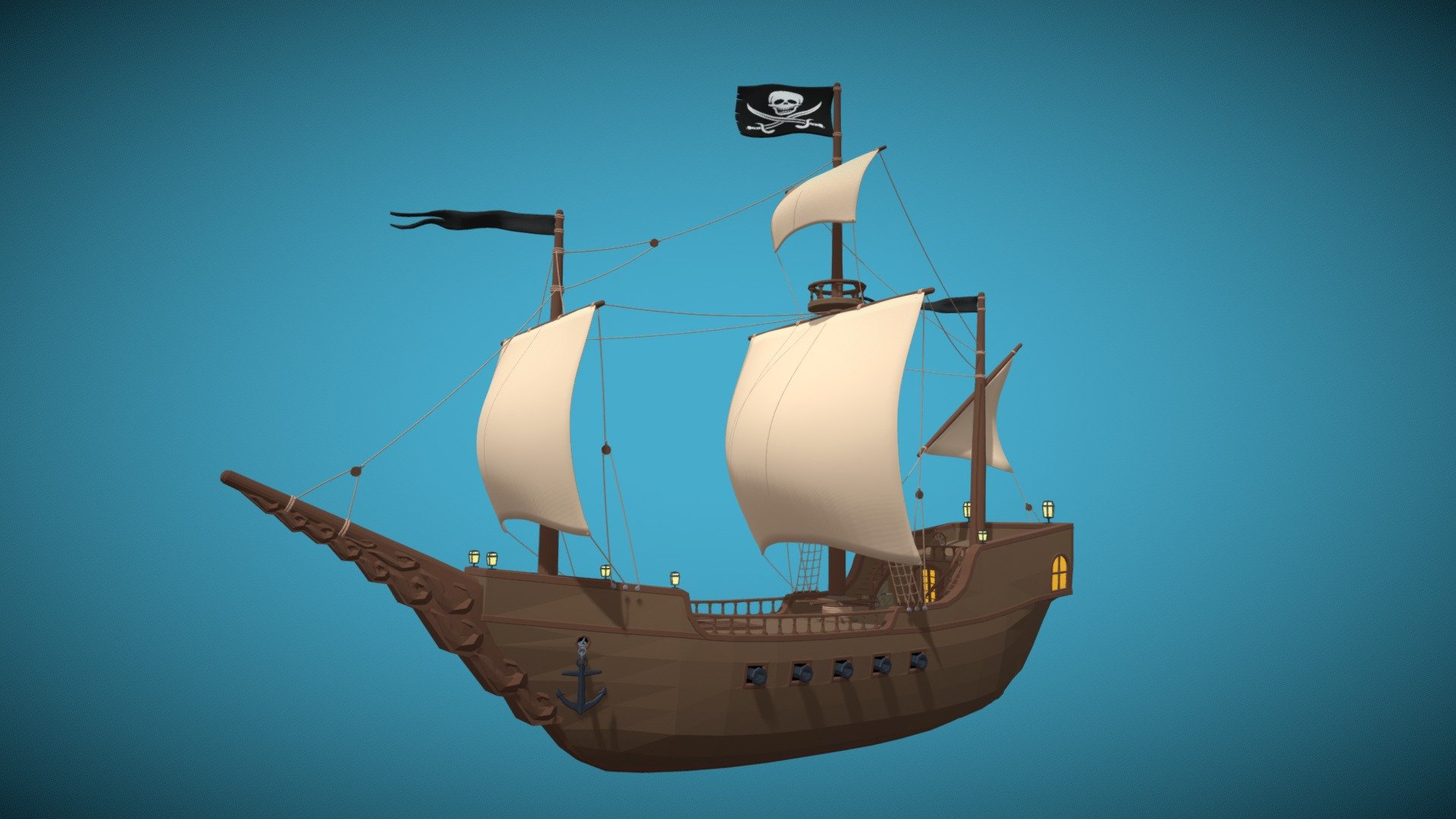 Low Poly pirate ship in .FBX format, ready to use for Unreal Engine and Unity among others.

The Galleon type ship is low poly but still has lots of detail, enough to be used up close in first person games.

This ship is part of my pirate ship pack available here: https://sketchfab.com/3d-models/stylized-low-poly-pirate-ship-pack-2f779c511c1146f68a788180e03c5e63

Also check out my other pirate / island themed assets:
https://sketchfab.com/RagingRocket/models - Stylized Low Poly Pirate Ship Galleon - Buy Royalty Free 3D model by Raging Rocket (@RagingRocket) 3d model