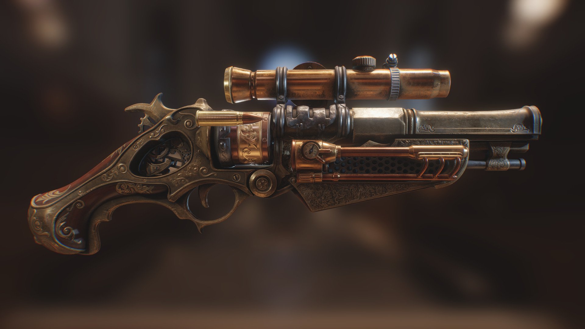 Former Royal Guard's Weapon, the Queen's Tender, modified with steampunk tech for constant field battle and raids.

Result of my Steampunk Gun Course at Victory 3D : https://victory3d.com/p/steampunkgun-game-asset
Highpoly and lowpoly with Blender, Engraves by Zbrush and textures with Substance Painter.

More Renders 
Artstation : https://www.artstation.com/artwork/8lJ6PE

If you want the project files ( .blend, zbrush sculpt, SP ), you can get it here https://www.artstation.com/marketplace/p/pqoR/steampunk-gun-queen-s-tender - Queen's Tender - Steampunk Gun - Buy Royalty Free 3D model by zeroswat 3d model
