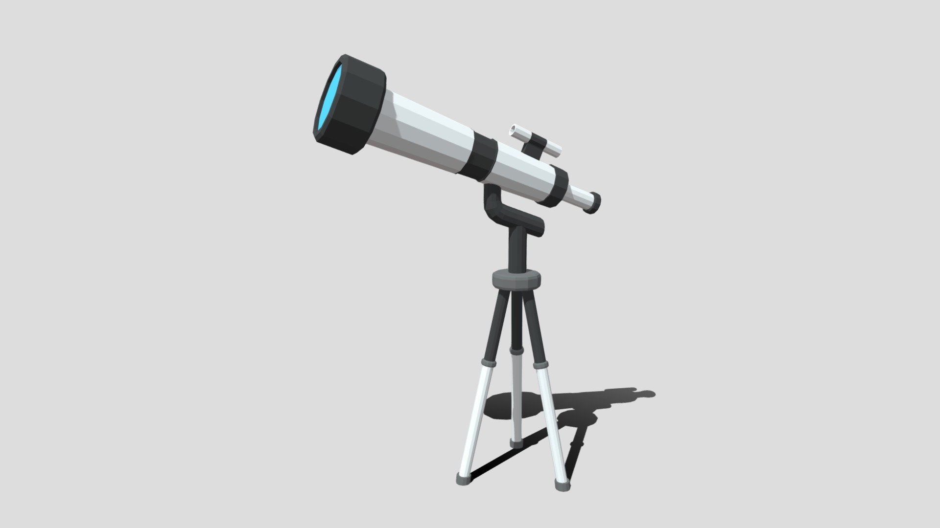 This is a low poly 3D model of a telescope. The low poly telescope was modeled and prepared for low-poly style renderings, background, general CG visualization presented as a mesh with quads only.

Verts : 1.302 Faces : 1.236.

The 3D model have simple materials with diffuse colors.

No ring, maps and no UVW mapping is available.

The original file was created in blender. You will receive a 3DS, OBJ, FBX, blend, DAE, Stl, gLTF.

All preview images were rendered with Blender Cycles. Product is ready to render out-of-the-box. Please note that the lights, cameras, and background is only included in the .blend file. The model is clean and alone in the other provided files, centred at origin and has real-world scale 3d model