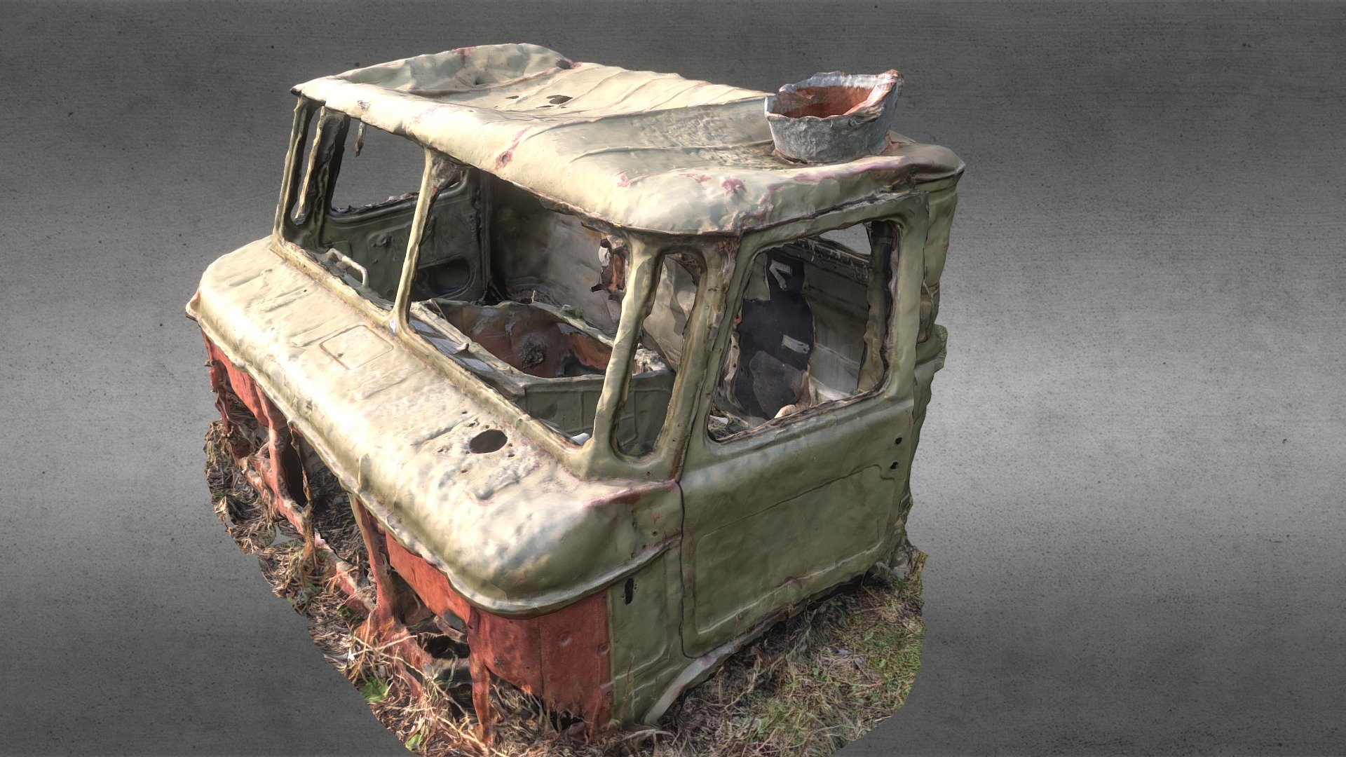 A destroyed driver's cab from an old truck. Found in a small mountain village in Georgia.

The models comes with diffuse, normal, ao and roughness maps.

Goes well together with the old soviet truck pack 3d model
