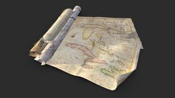 Old Caribbean Maps lod, caribbean, vintage, retro, paper, ocean, florida, jamaica, america, treasure, american, mexico, props, map, old, document, script, navigation, cubik, nautical, papyrus, piracy, game-asset, bahamas, low-poly, asset, game, pbr, lowpoly, gameart, pirate, sea, gold, gameready, hispnola