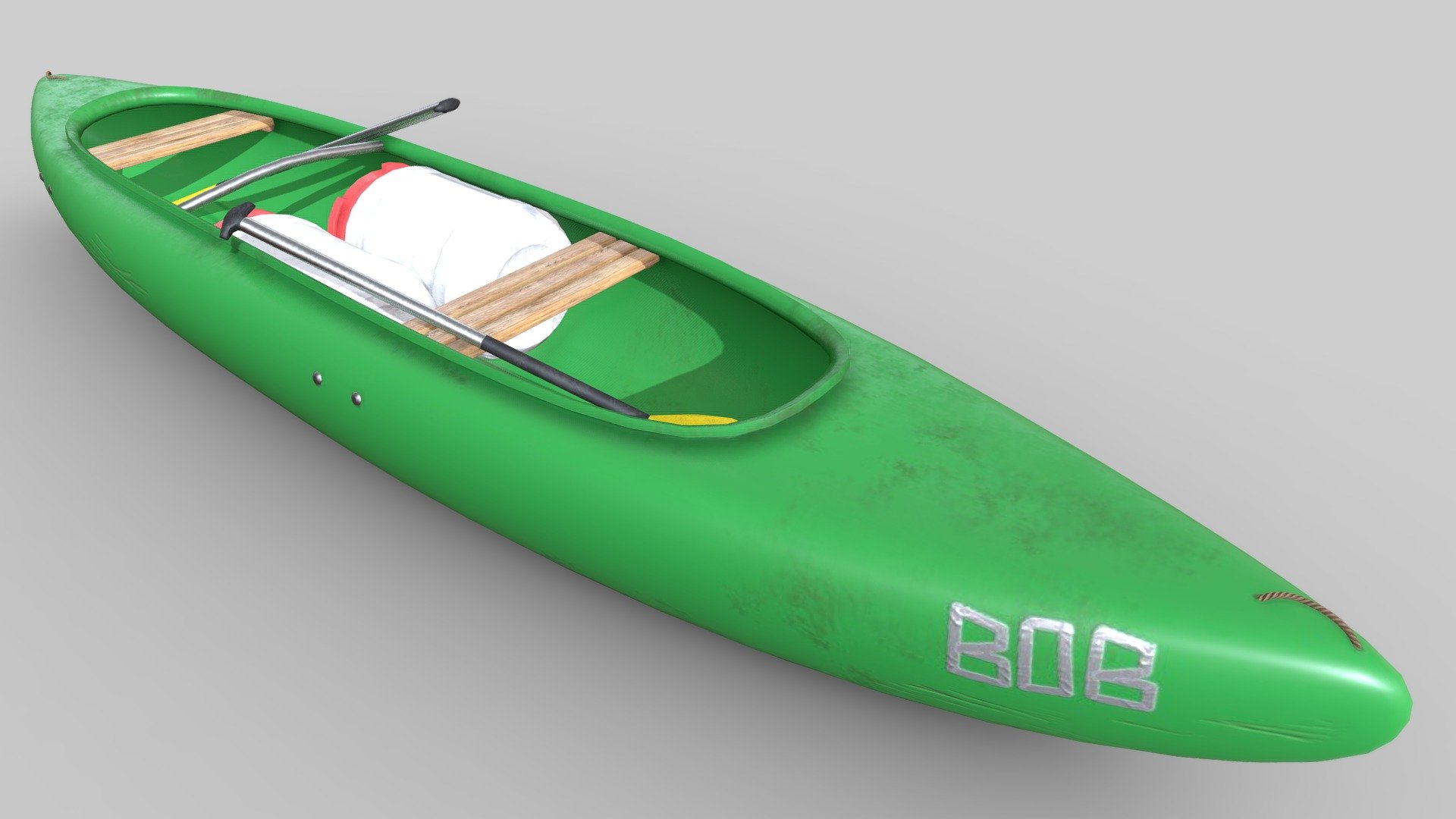 Simple green plastic canoe with paddles and barrels.

One 2K pbr texture set. 
Blender and Substance Painter 3d model