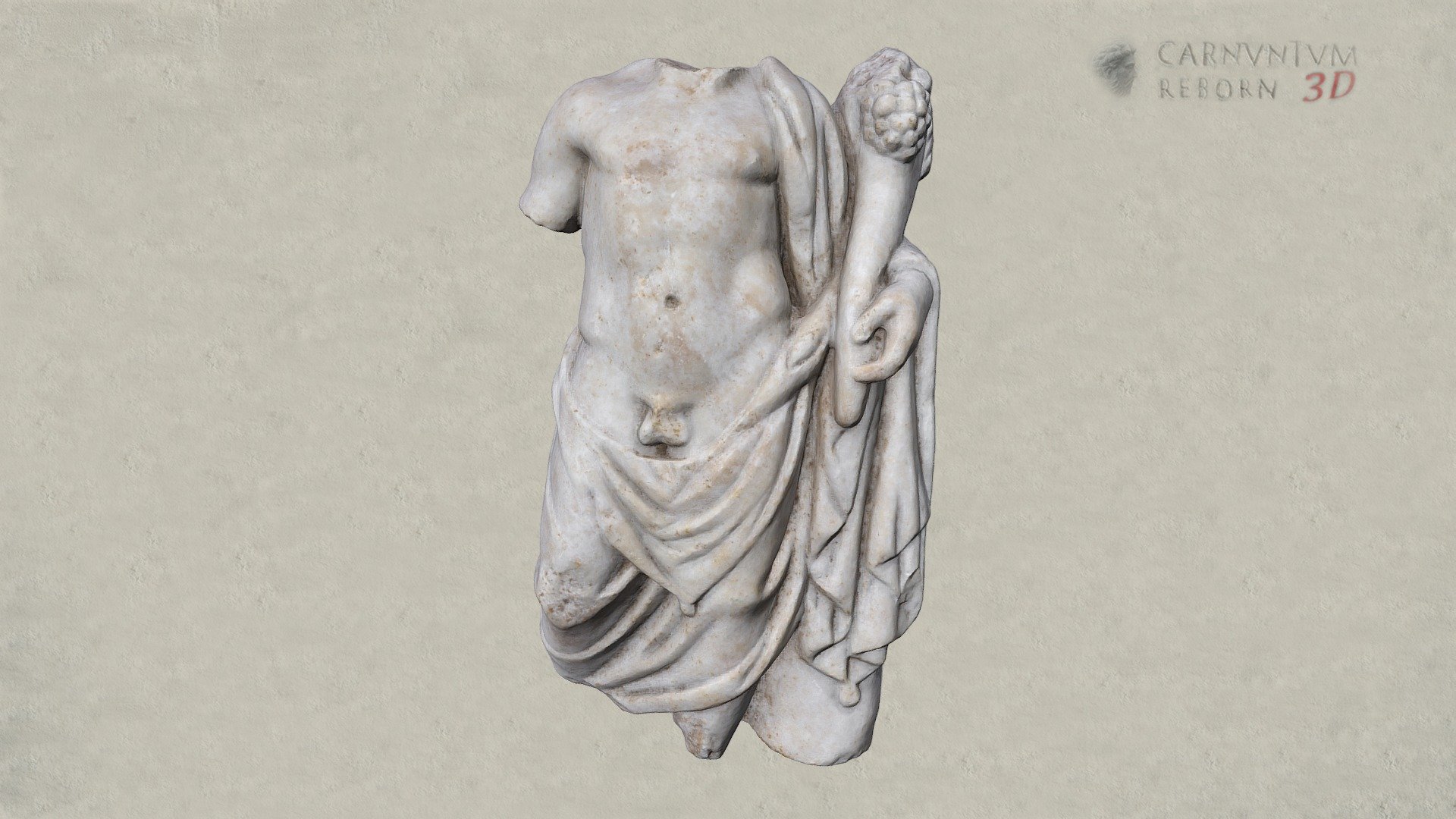Standing genius in hip cloak with triangular overlap. In the left arm he holds a cornucopia with fruits. One end of the cloak falls over the left shoulder, the other is draped over the left forearm. Head, right arm and legs are missing. Marble; h 42 cm.

Model: © Landessammlungen Niederösterreich, Niederösterreich 3D - Genius - 3D model by noe-3d.at (@www.noe-3d.at) 3d model
