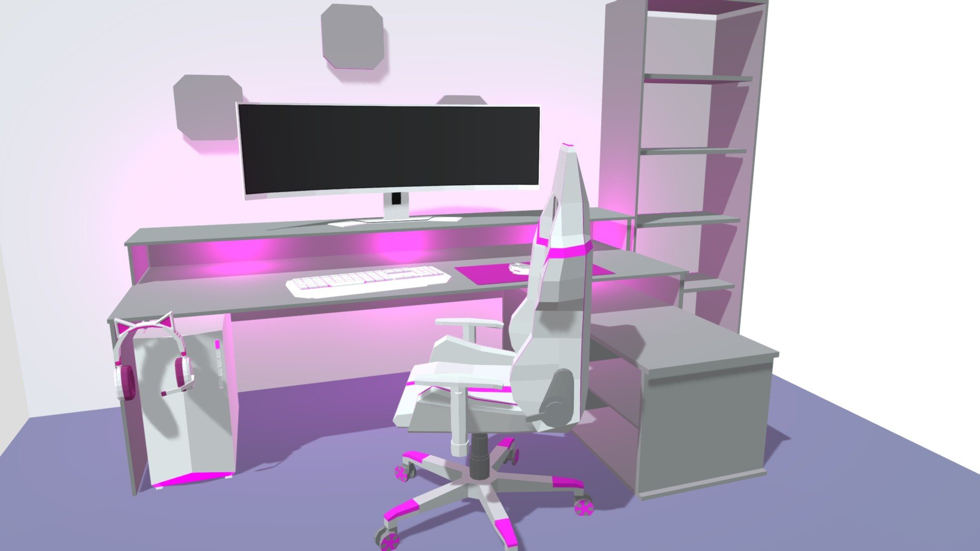 A simple Gamingsetup in a cool Lowpoly Style. You could use it for your next game or a littel Video. The lowpoly comic like style is timeless and cool you should try to create a video game with this kind of graphic style 3d model