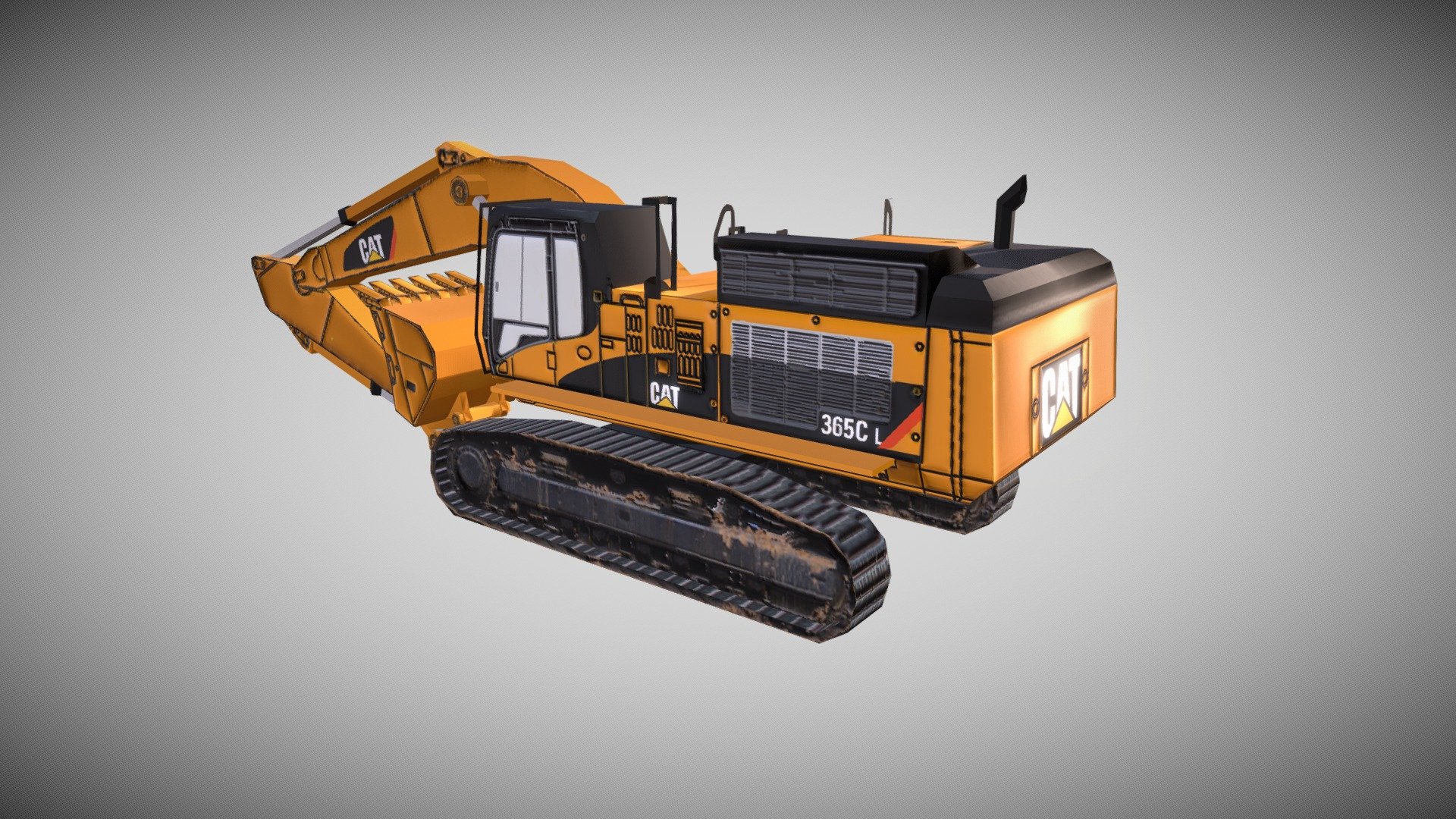 This is a low poly model of a Caterpillar 365C L Hydraulic Excavator. I kept the model as close to the original as it was possible for me.
Please feel free to leave constructive criticism in the comments.

Specs of the real thing:


Engine:
• Net Flywheel Power 302 kW 404 hp


Drive:
• Maximum Travel Speed 4.1 km/h 2.6 mph

• Maximum Drawbar Pull – 462 kN 103,767 lb
Long Undercarriage


Weights:
• Operating Weight – 65 960 kg 145,430 lb
Long Undercarriage

• Reach Boom, R3.6 (11&lsquo;10