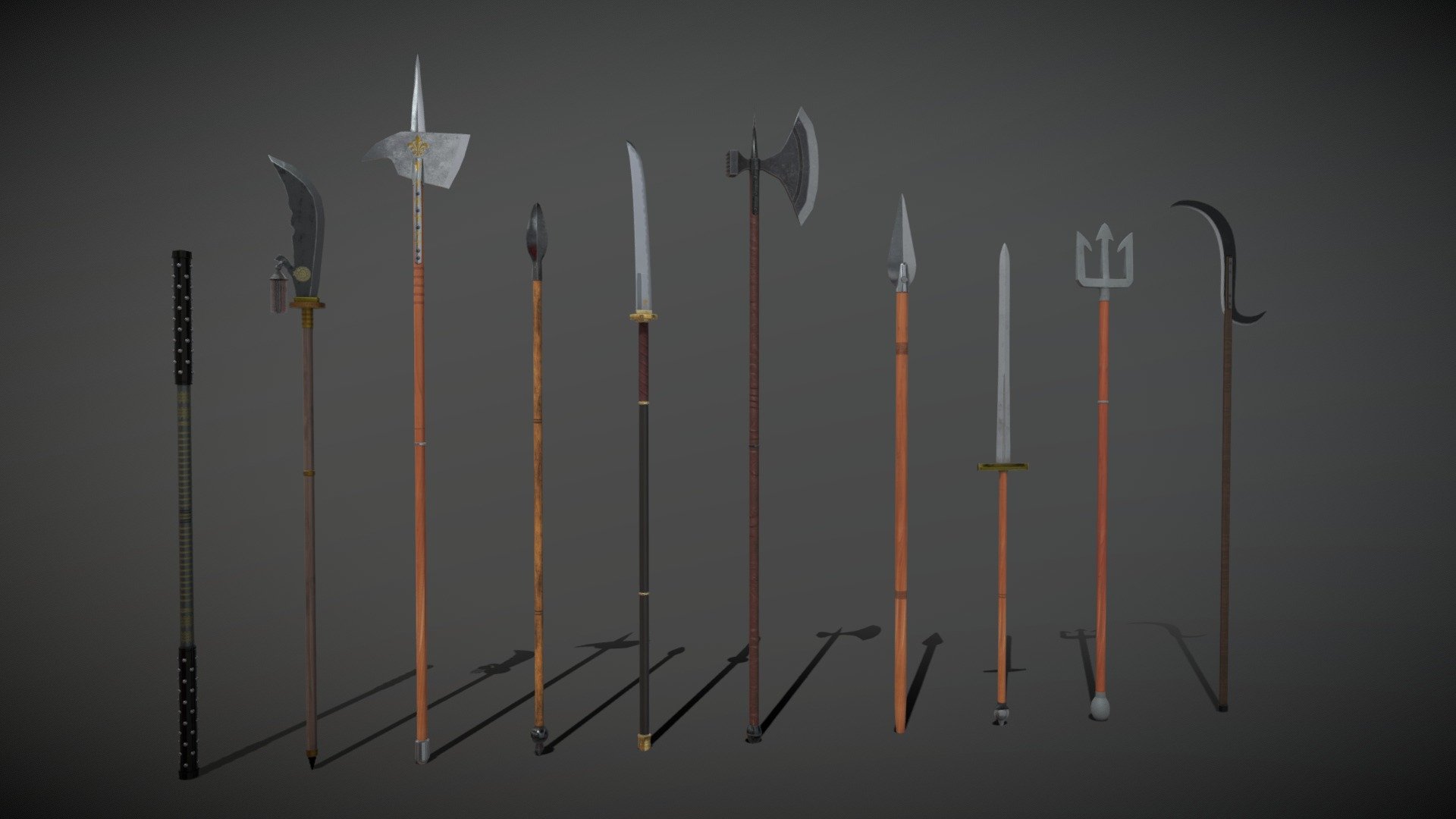 10 free Mid-poly Polearms.
1 material for each Polearm with 4k textures 3d model