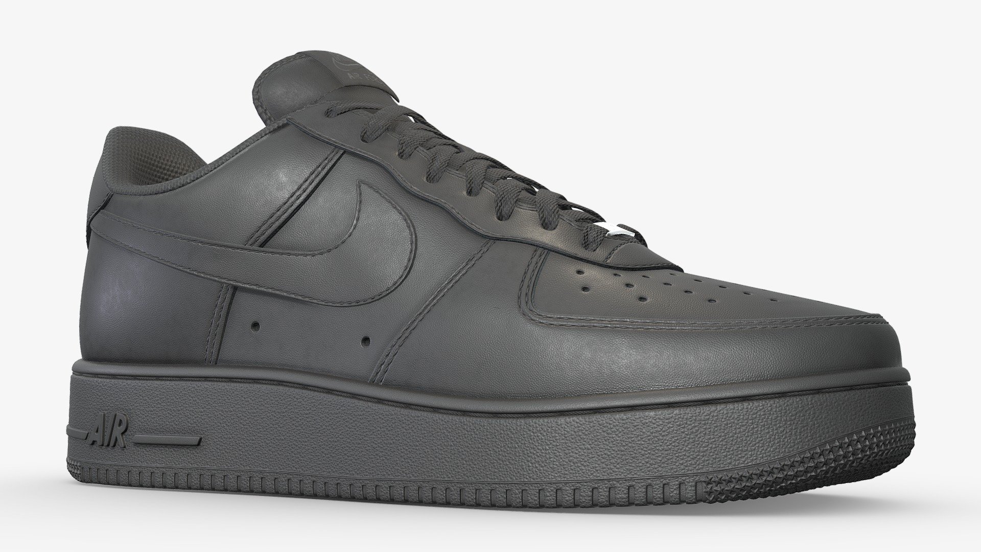 Nike Air Force 1 in Black. The most popular sneaker on the planet, and a staple in many wardrobes. Made with a high attention to detail, this rendition of the shoe aims provide the highest fidelity possible, from all angles

The shoe displayed here has been subdivided once, as have the obj and fbx files. The blender file will allow you change this detail, and also has the added details of stitches and the stars on the sole as separate objects so they can be removed if desired (though the shoe looks best with them)

There are four texture sets for each shoe with the maps being Base Color, Metallic, Roughness, Normal, Opacity (through the alpha channel of the base color). These maps are at a resolution of 4096x4096 in png

This subdived version has 517,927 polys, with the unsubdivided coming in at 130,332. An optimised version is included, which uses just one texture set and has 15,605 polys, can be viewed here: https://skfb.ly/oE7wV
Finally, the white colourway of this shoe is included in the additional files - Nike Air Force One Black - Buy Royalty Free 3D model by Joe-Wall (@joewall) 3d model