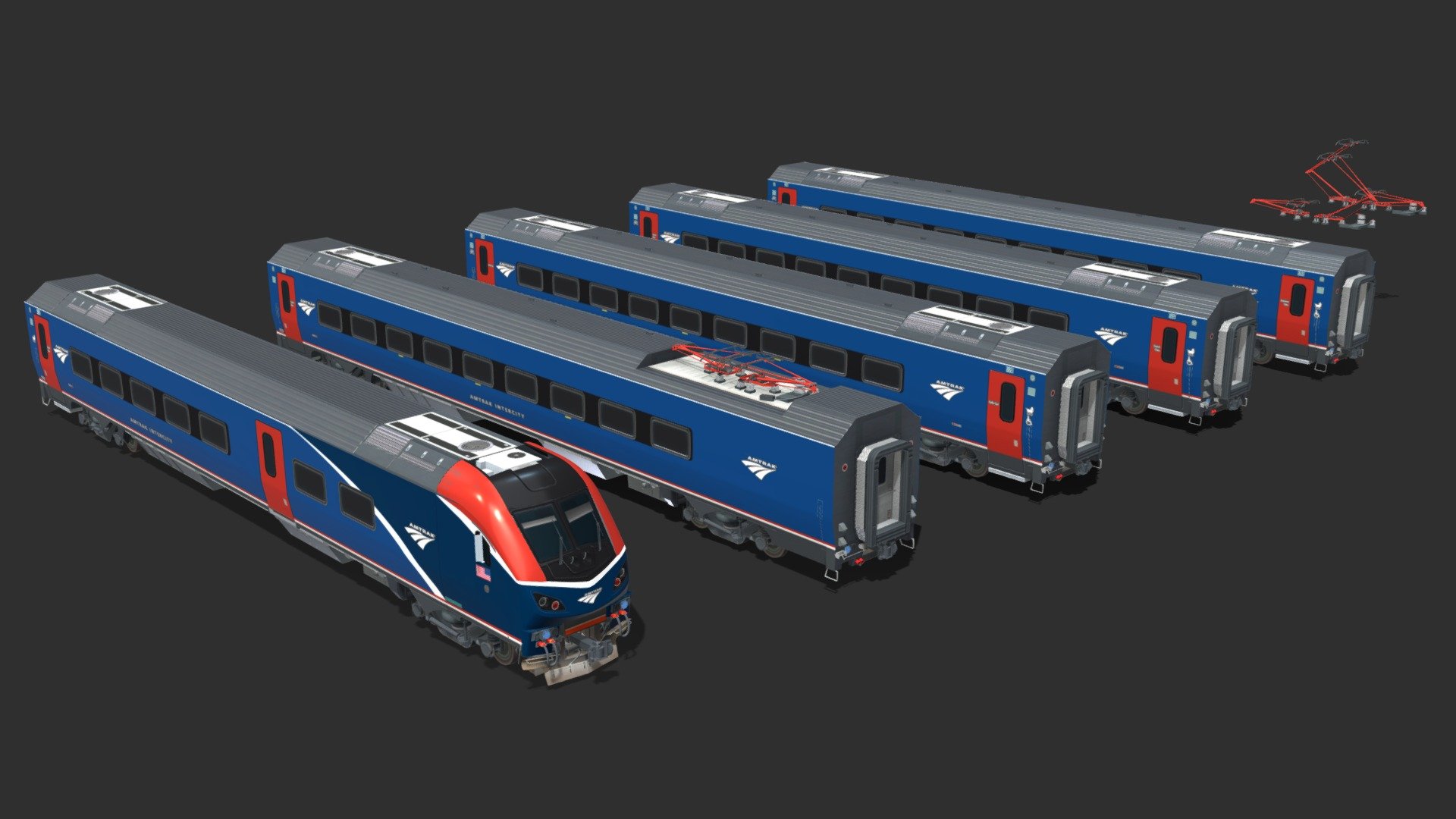 Amtrak Intercity variant of Siemens Venture coaches, based on the Fleet Acquisition documents provided by Amtrak. Amtrak Intercity is a replacement fleet of aging Amfleet II and other various assets used on Northeast Corridor. It aims to standardize the fleet operated on the busiest passenger rail route of United States with a singular and yet versatile fleet of Venture coaches and Charger engines. Intercity fleet will include driving trailers in order to remove engine switching, coach and business classes, as well as power/battery car. Battery car will feature a pantograph to power the consist on Northeast Corridor (NEC), whereas outside the NEC, Charger engine will operate with its diesel engine. 

Venture Intercity, as well as Charger pack are made for the video game Cities: Skylines. It contains coaches, texture set, modular pantographs in 3 position. Pantograph height is standard NEC overhead height. 

Charger set can be purchased here: https://skfb.ly/oyNZs - Siemens Venture - Amtrak Intercity - Buy Royalty Free 3D model by REV0 (@R3V0_76) 3d model