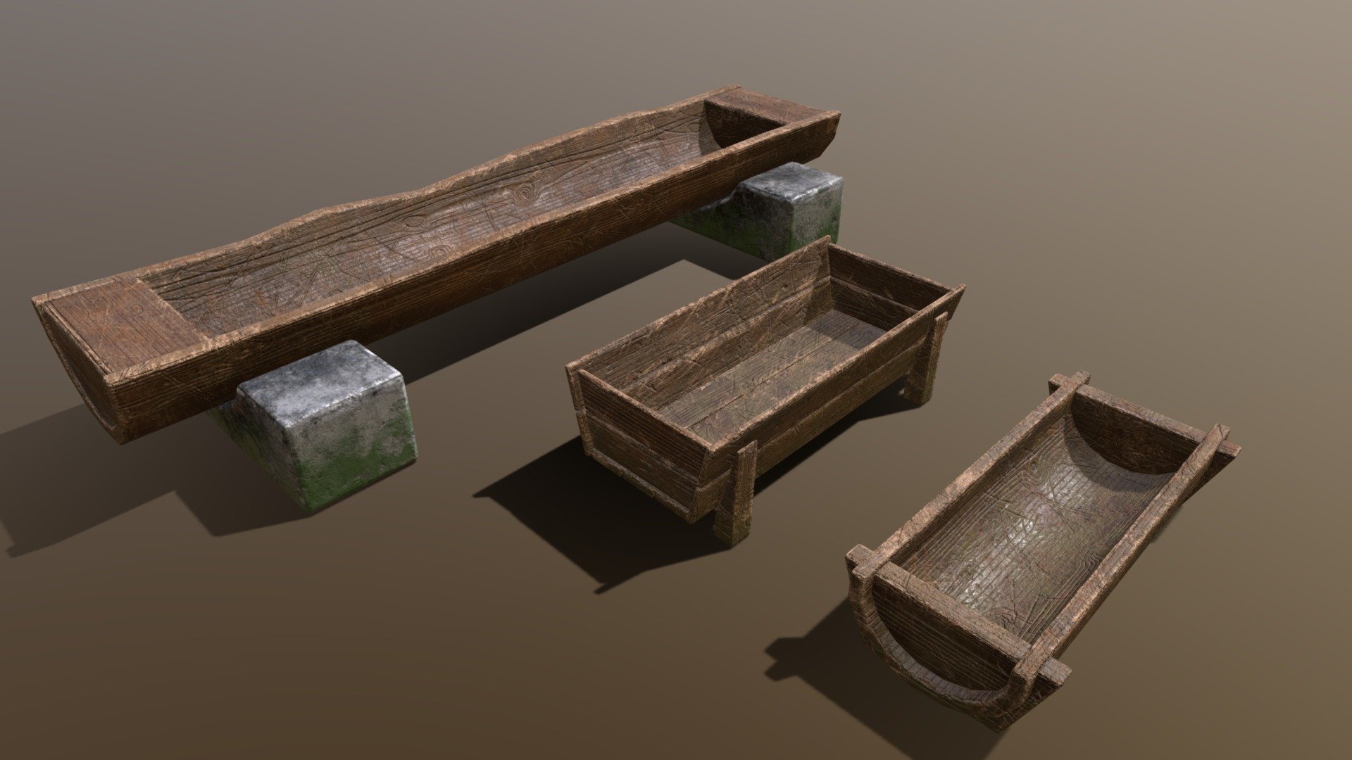 Medieval Trough Set 3D Model. This model contains the Medieval Trough Set itself 

All modeled in Maya, textured with Substance Painter.

The model was built to scale and is UV unwrapped properly. Contains only one 4K texture set.  

⦁   4732 tris. 

⦁   Contains: .FBX .OBJ and .DAE

⦁   Model has clean topology. No Ngons.

⦁   Built to scale

⦁   Unwrapped UV Map

⦁   4K Texture set

⦁   High quality details

⦁   Based on real life references

⦁   Renders done in Marmoset Toolbag

Polycount: 

Verts 2440

Edges 4786

Faces 2394

Tris 4732

If you have any questions please feel free to ask me 3d model