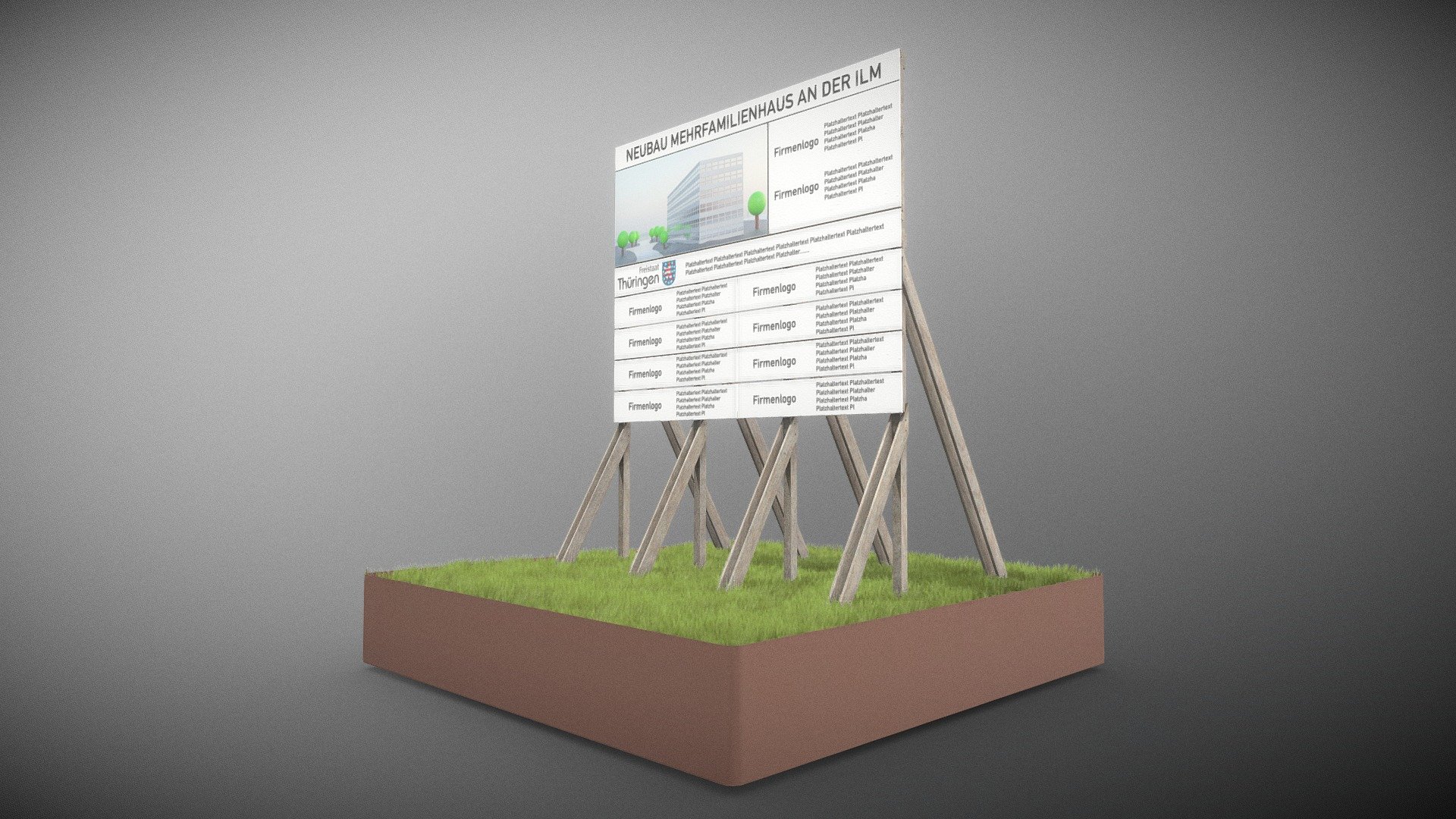 Here is version 1 of the wooden construction site billboard.

The content you see on the billboard is just a placeholder. 

I made the uv map so that you can easily edit it in an external image editor. 








Advertising Billboard (Version 1) High-Poly





modeled and textured by 3DHaupt in Blender-2.83.3 - Wooden Billboard for Construction Sites 1 - Buy Royalty Free 3D model by VIS-All-3D (@VIS-All) 3d model