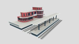 Stylised Train Station train, time, track, urban, line, wagon, metro, cartoony, realistic, station, real, carriage, architecture, 3d, pbr, low, poly, model