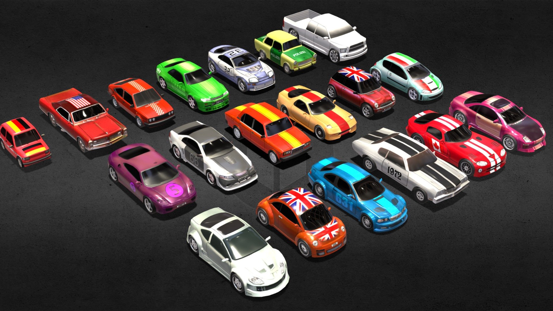 Toon car pack, low-poly, game-ready. PSDs with 6-7 paint version per car.
Good for mobile games 3d model
