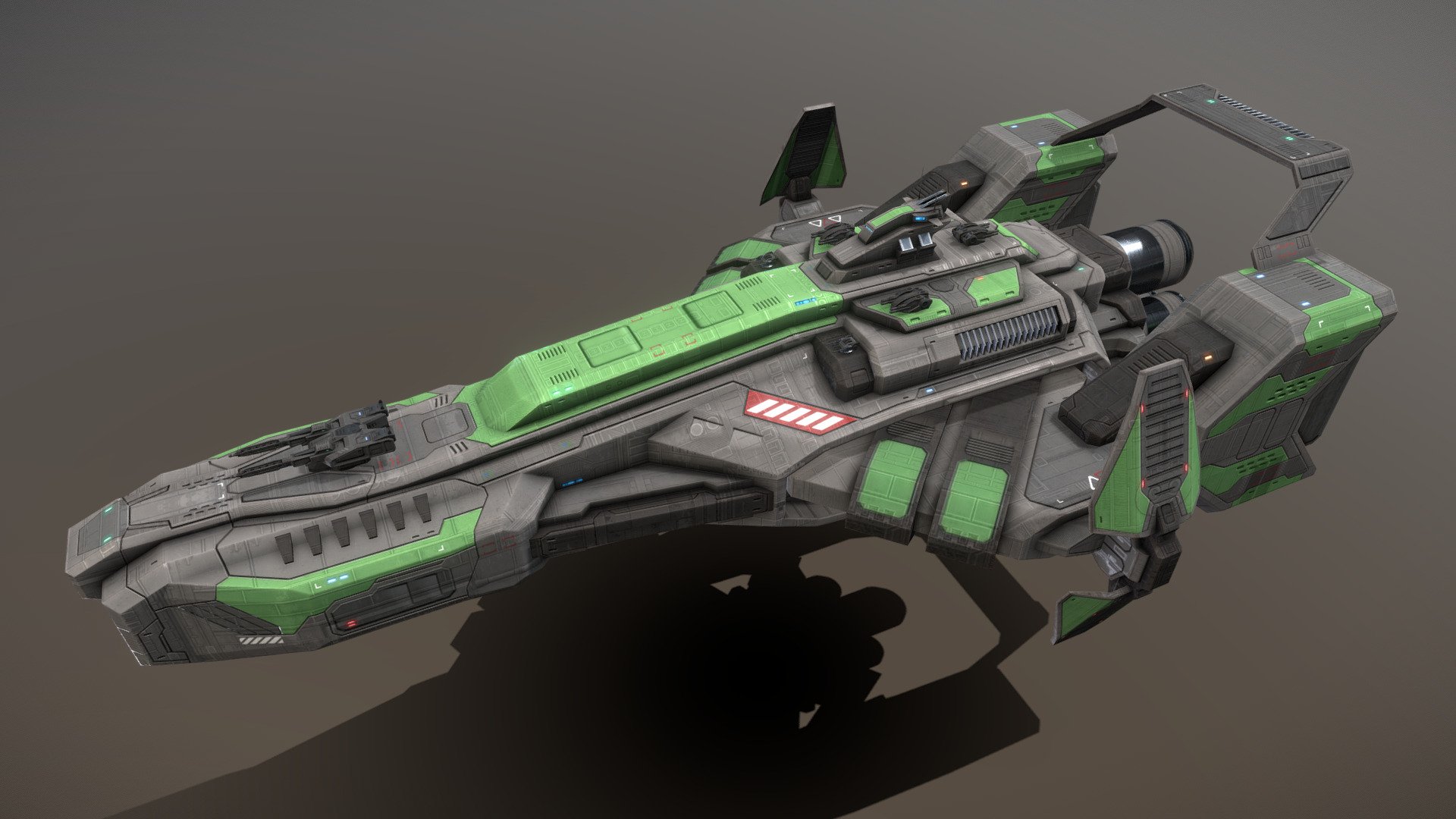 This is a model of a low-poly and game-ready scifi spaceship. 

The weapons are separate meshes and can be animated with a keyframe animation tool. The weapon loadout can be changed too. 

The model has several modular parts for bridge, engine and side modules. These parts can be changed to create different looking ships.

This model has optional maneuvering thrusters for newtonian physics based movement. They do fit on other ships too.

The model comes with several differently colored texture sets. The PSD file with intact layers is included.

Please note: The textures in the Sketchfab viewer have a reduced resolution (2K instead of 4K) to improve Sketchfab loading speed.

If you have purchased this model please make sure to download the “additional file”.  It contains FBX and OBJ meshes, full resolution textures and the source PSDs with intact layers. The meshes are separate and can be animated (e.g. firing animations for gun barrels, rotating turrets, etc) 3d model