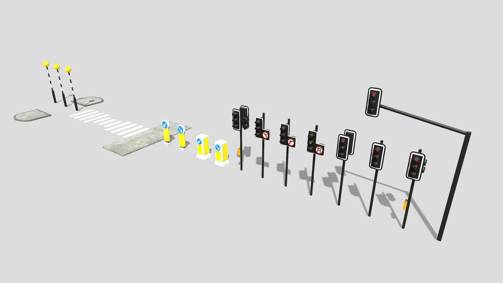 Collection of Traffic props.  All pivots in the correct locations and you can simply 0 the transforms for everything to be at world 0 and ready to use and place in your own scenes as needed 3d model