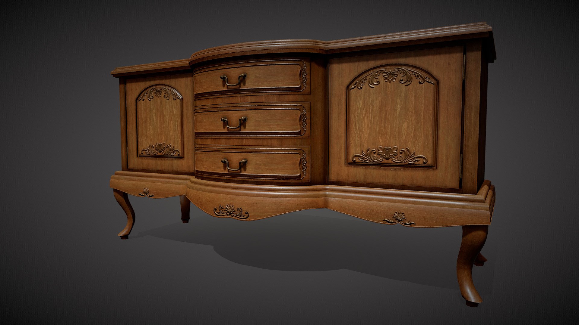 Victorian desk, 2 materials are included (base color, normal, roughness, metallic). Drawers and doors can be opened 3d model